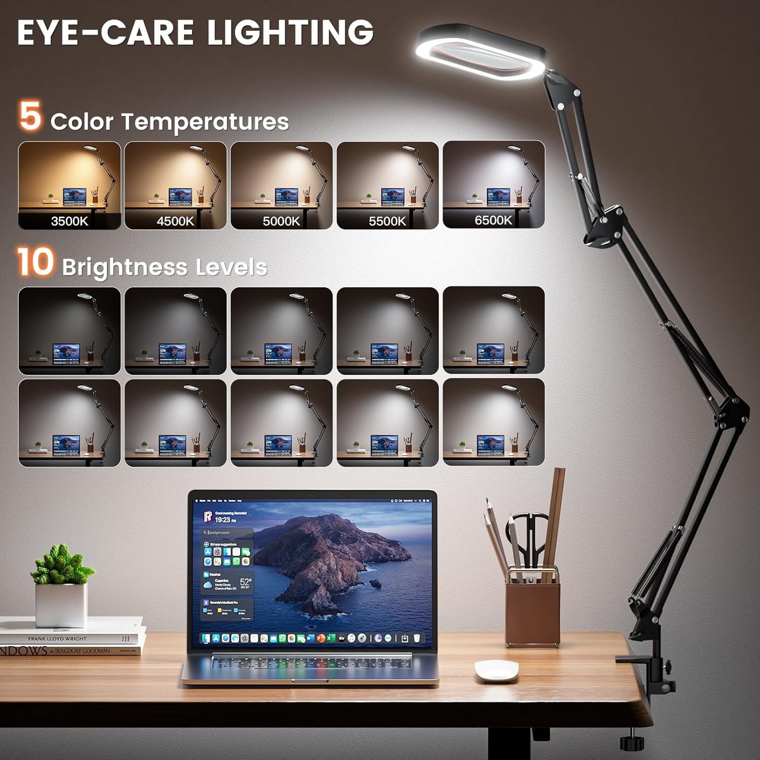 10X Rectangle Magnifying Glass with Light, 3 Arms 5 Color Modes Large Magnifying Glasses with Clamp, Lighted Desk Lamp Magnifier Hands Free for Crafts Jeweller Repair Painting Close Work Hobbies