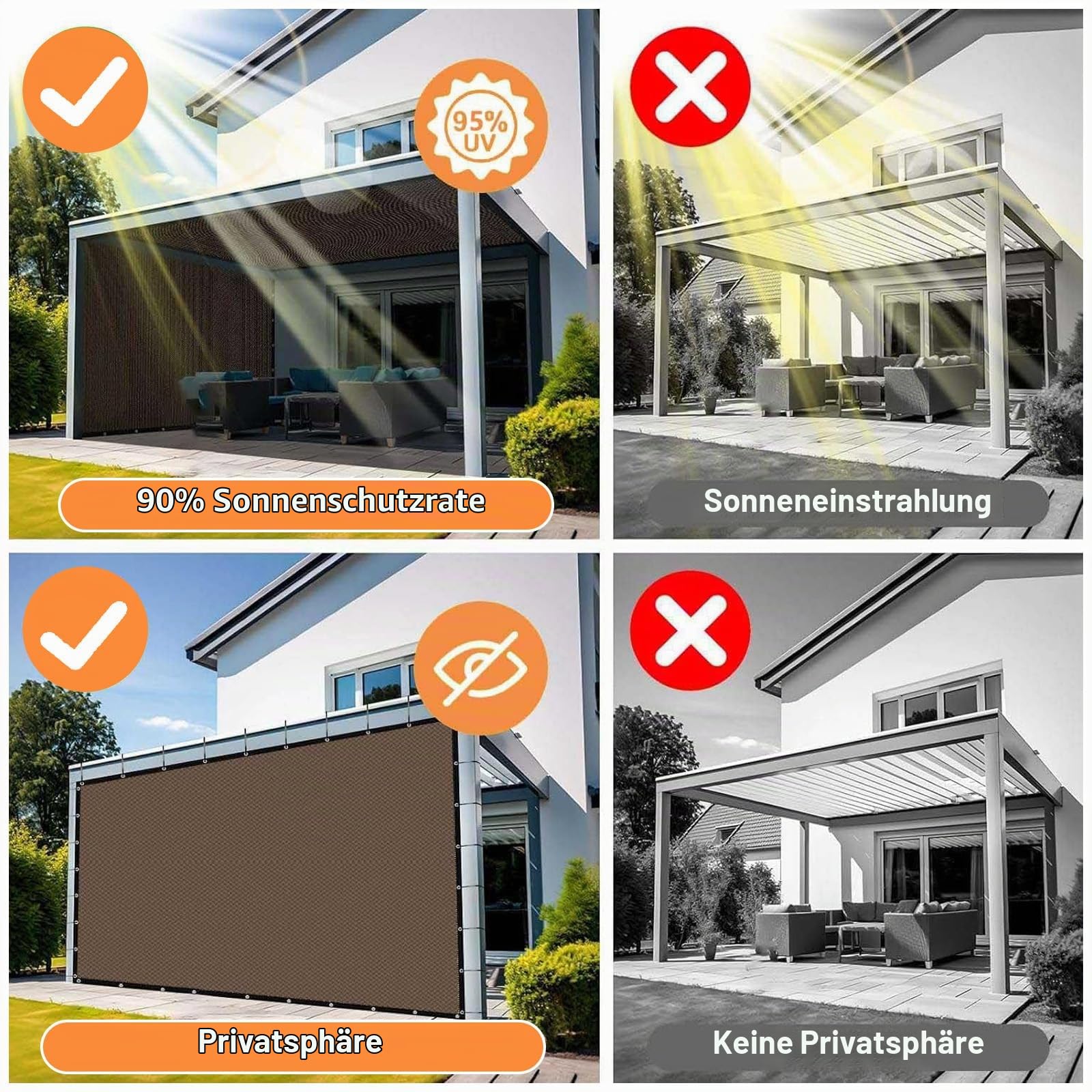 Sonnensegel Wasserdicht Rechteckig mit Ösen,Sonnensegel Rechteck 2x3m,Markisenstoff 95% UV Schutz,Schattierungsnetz inkl Befestigungsseile,UV-Schutz,Wetterfest für Garten Terrasse