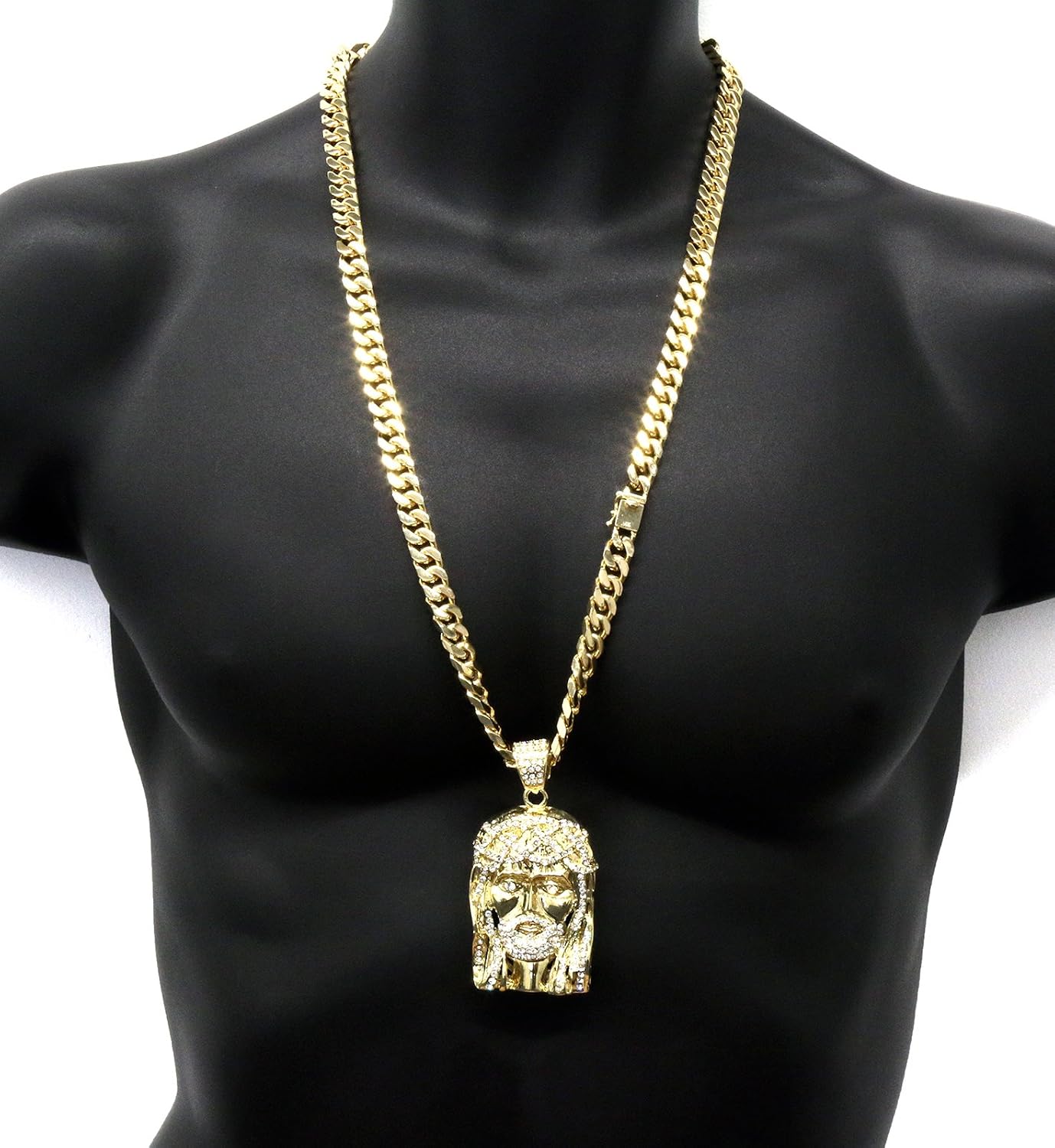 L & L Nation Mens Gold Tone Crowned/Beard Jesus Pendant Hip Hop 30" 10mm Heavy Thick Cuban Chain