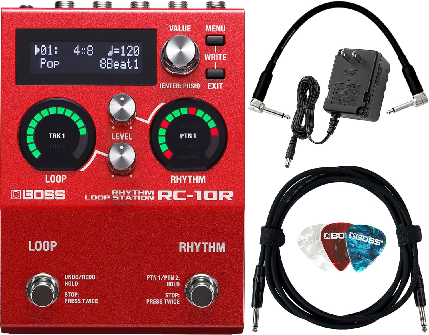 Boss RC-10R Rhythm Loop Station Bundle with Gearlux Power Supply, Instrument Cable, Patch Cable, and Picks