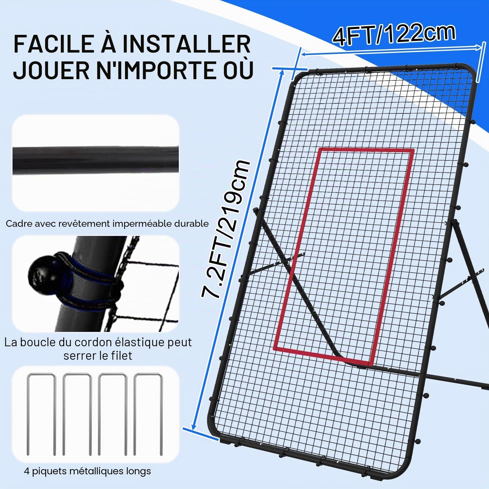 Filet de rebond de volleyball, réglable et portable de 2,1 x 1,2 m, équipement d'entraînement de football, cible de rebond de but de football pour enfants et adultes, filet pour entraînement de jeu et