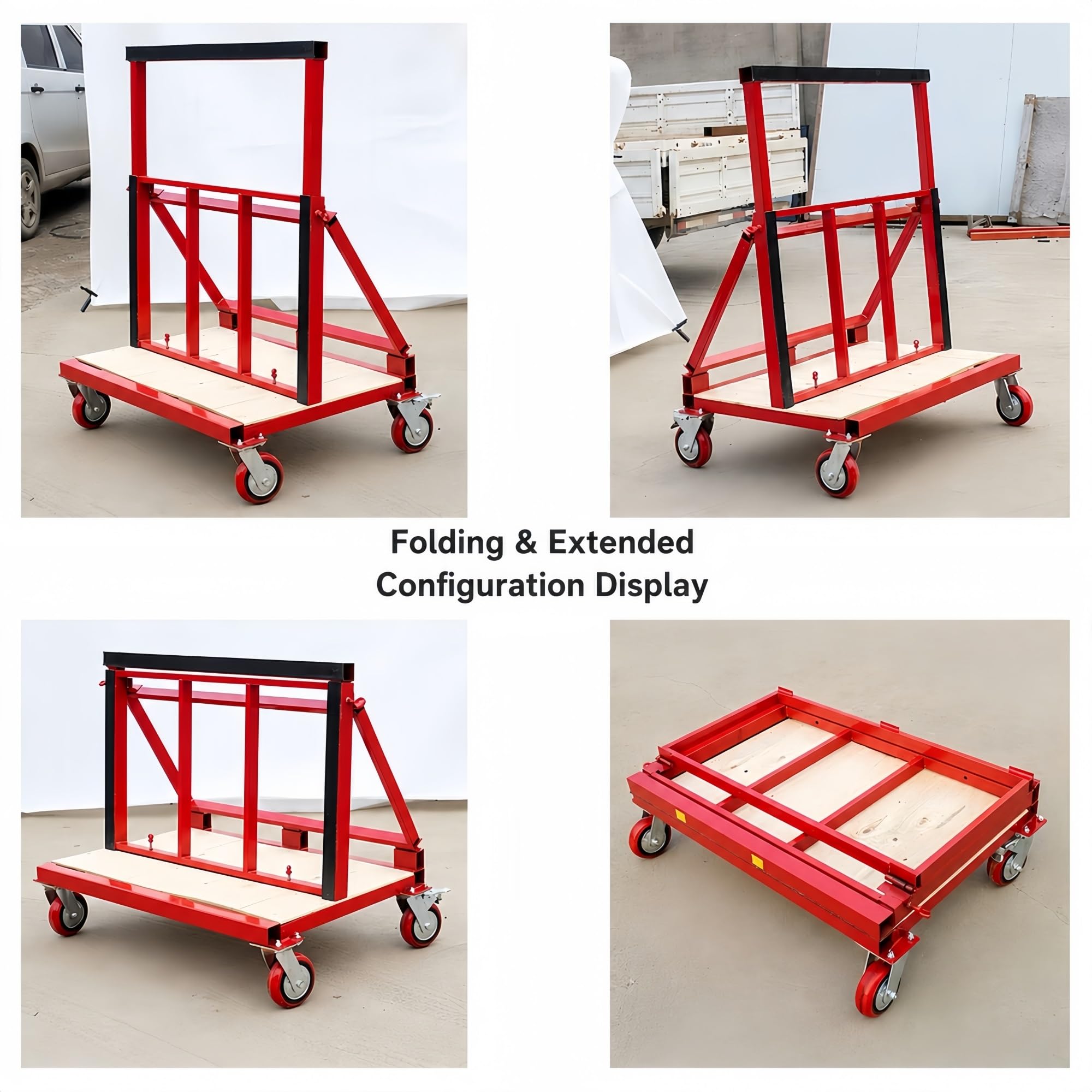 Plattenwagen Klappbar mit Holzplattform for Werkstatt und Lager | Höhenverstellbare Rückenstütze und Rollen for kontrolliertes Positionieren(6IN 2BRAKE)