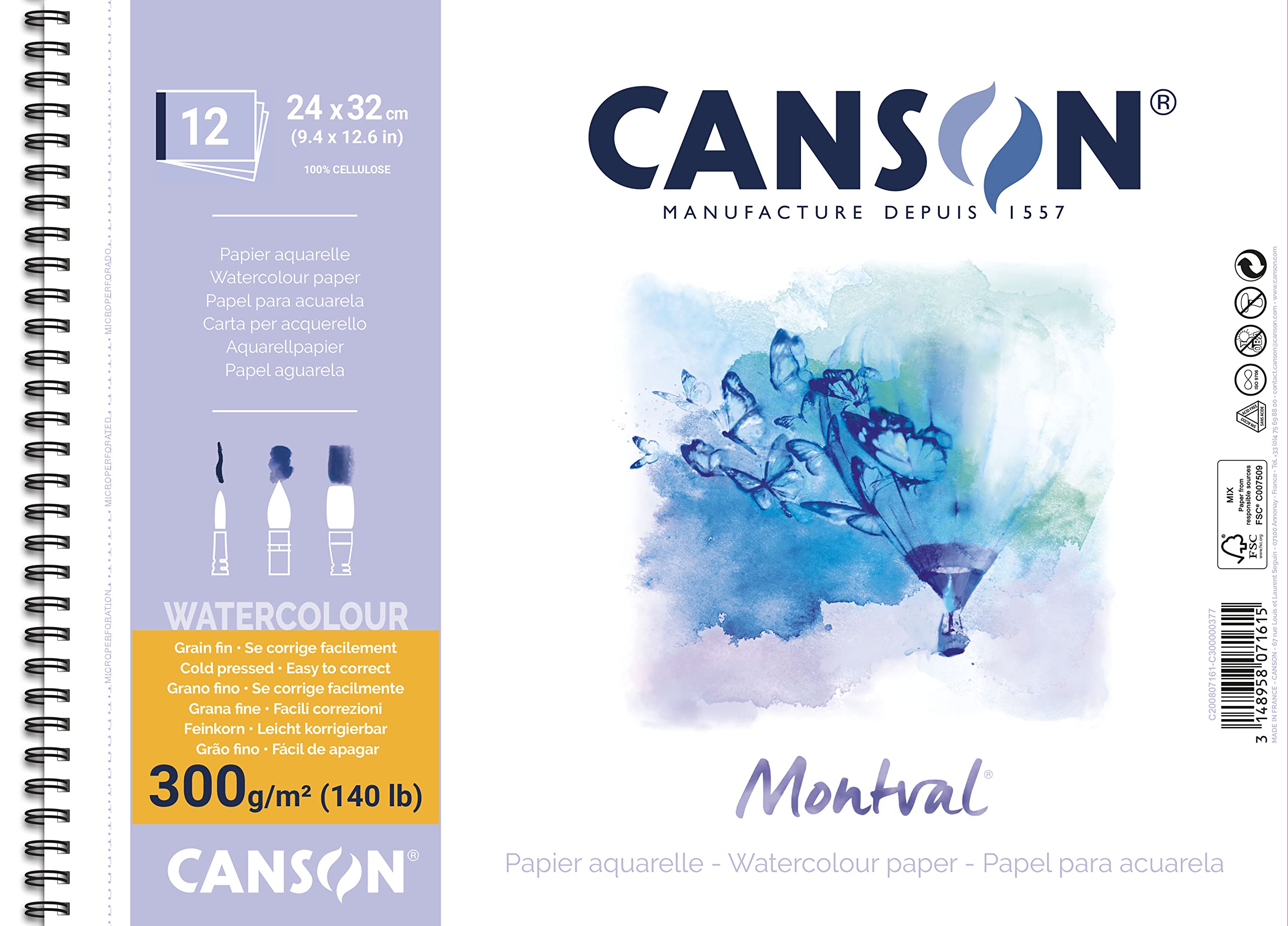 CansonSpiral-Bound Notepad AQ Montval Fine Watercolour 300 g/m² 12 Sheets per Pad Spiral on Short Side White 24 x 32 cm White
