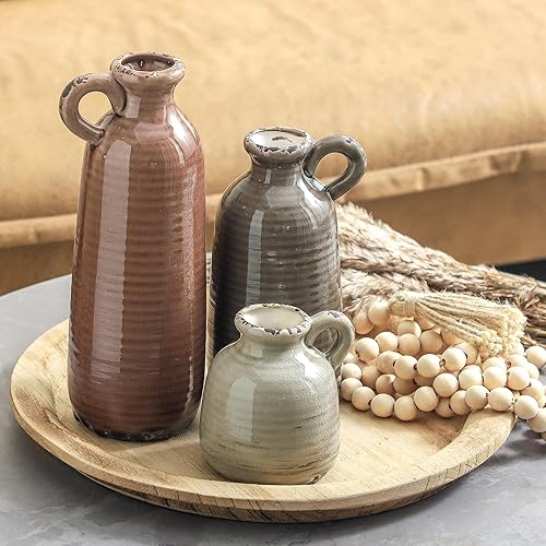 Miniatura 7 de Juego de 3 jarrones de cerámica, jarrón rústico neutro con asa, floreros decorativos para decoración del hogar, jarrón moderno y bohemio de pampass