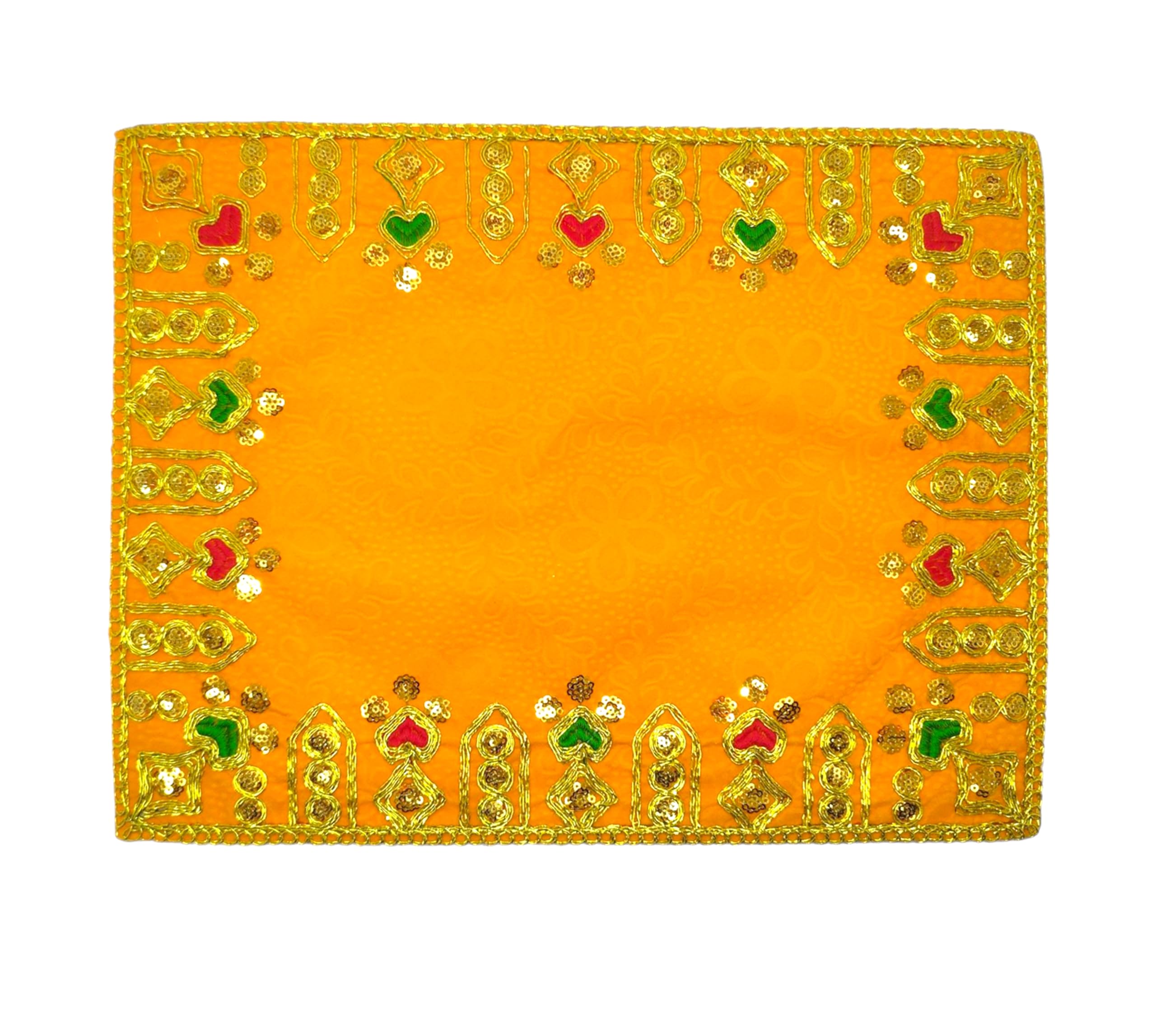 Achleshwar Designer Velvet Embroidered Pooja Aasan Cloth 12x18 inch Yellow | Chowki Aasan for God Idol | Mandir Table Altar Cover for Temple, Puja Shelf, Diwali Decoration Pack 0f 1