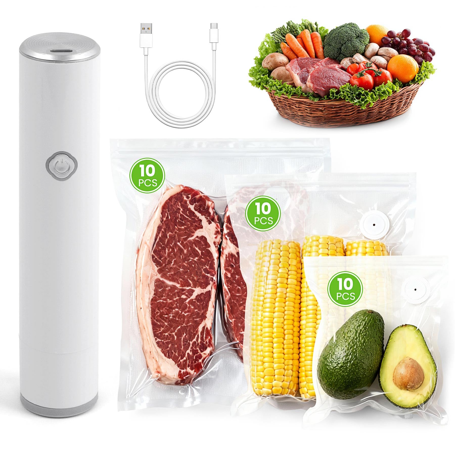 Sellador al vacío para alimentos, máquina de sellado al vacío de mano con 5 bolsas de vacío reutilizables para cocina, nevera, ahorro de comidas portátil, extiende la frescura