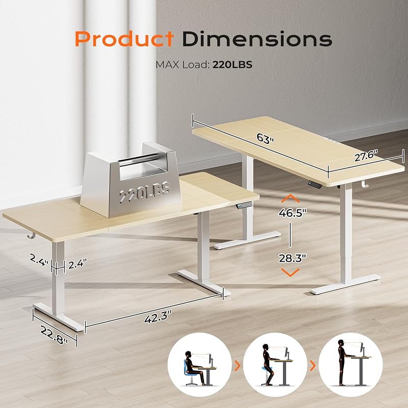 Huuger 63 x 28 Large Electric Standing Desk, Height Adjustable Computer Desk, 27.6" Deep Desktop, Stand up Gaming Office Table with 2 Hooks, 3 Preset Heights, for Home Office, Maple, 7021Q-1 image 2