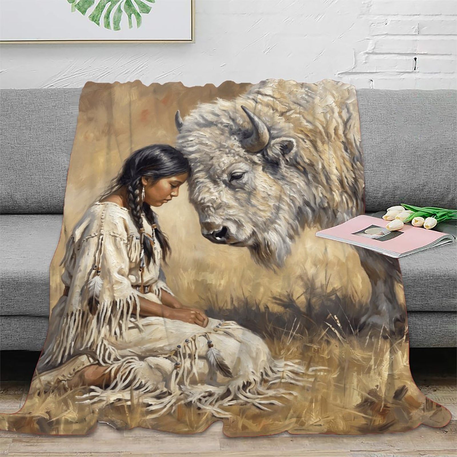 W7C8U2X3 White Buffalo Woman Rustic Blanket, Flannel, Rustic Western Art