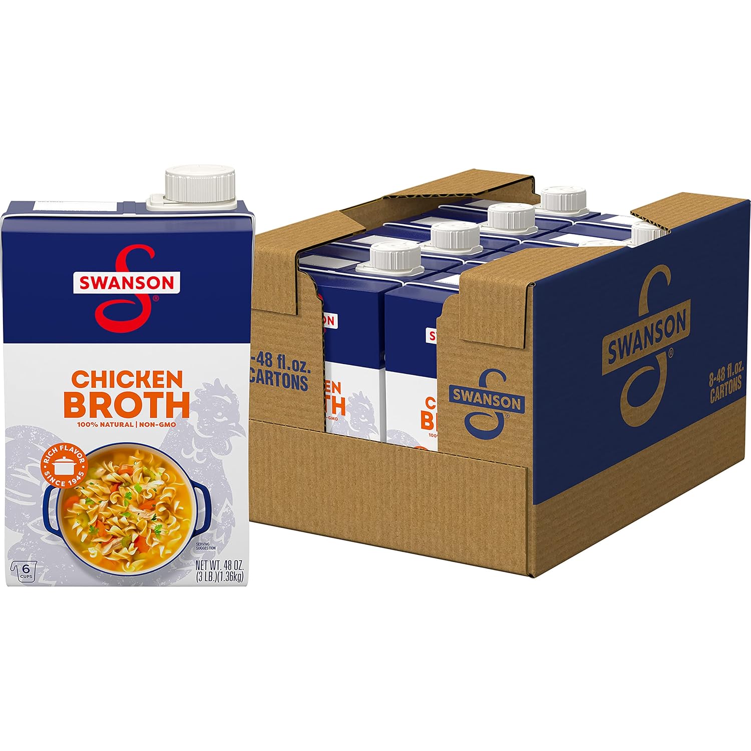 (BB. Oct 28 2025) Swanson 100% Natural Chicken Broth, 48 oz Carton (Case of 8)