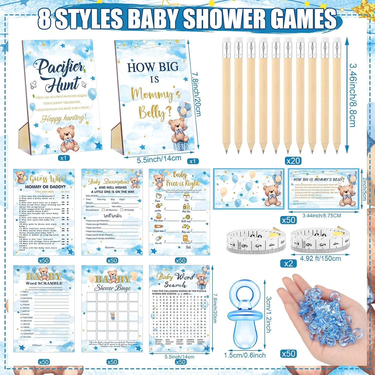 Sherr 424 Pcs Baby Shower Pacifier Hunt Games Blue Bear image 3