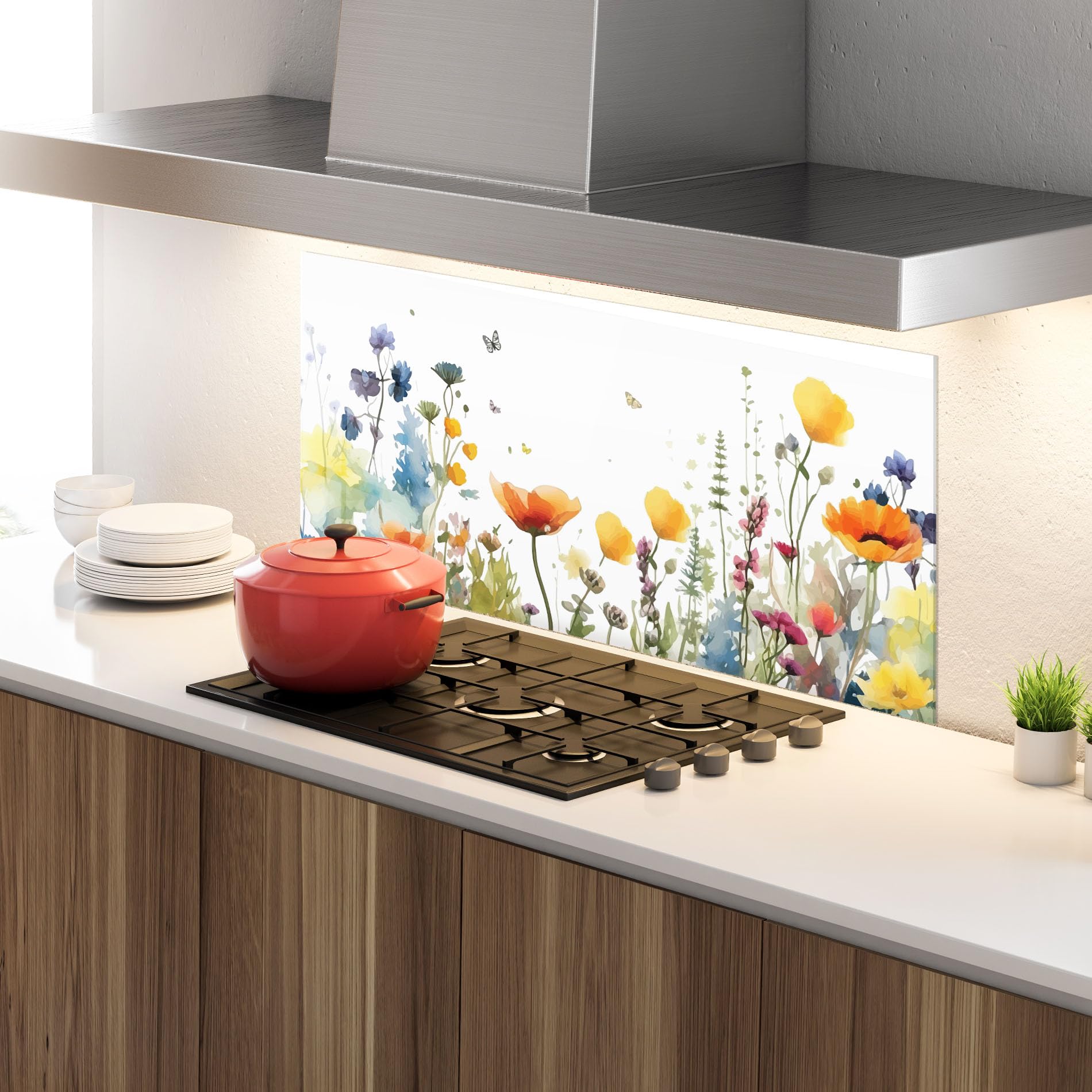 ARTHUB® Crédence de Cuisine en Verre 60x150 cm, Watercolor Spring Flowers | Protection Contre Les éclaboussures, Revêtement Mural en Carreaux, Plaque en Verre, Verre trempé, Paysages, Printemps