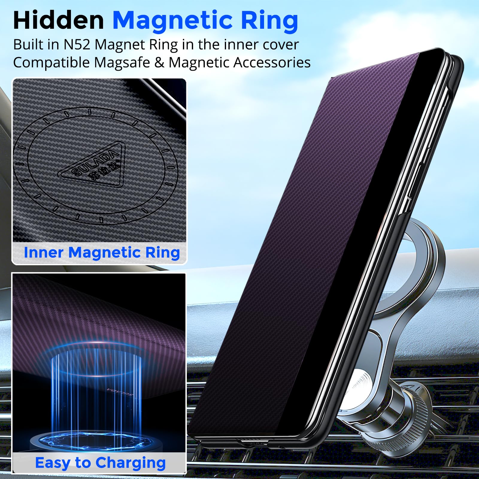 Custodia a portafoglio per Samsung Galaxy Z Fold 8, con anello magnetico nascosto, [compatibile] Custodia a libro in pelle sottile con scomparto per carte di credito integrato, chiusura