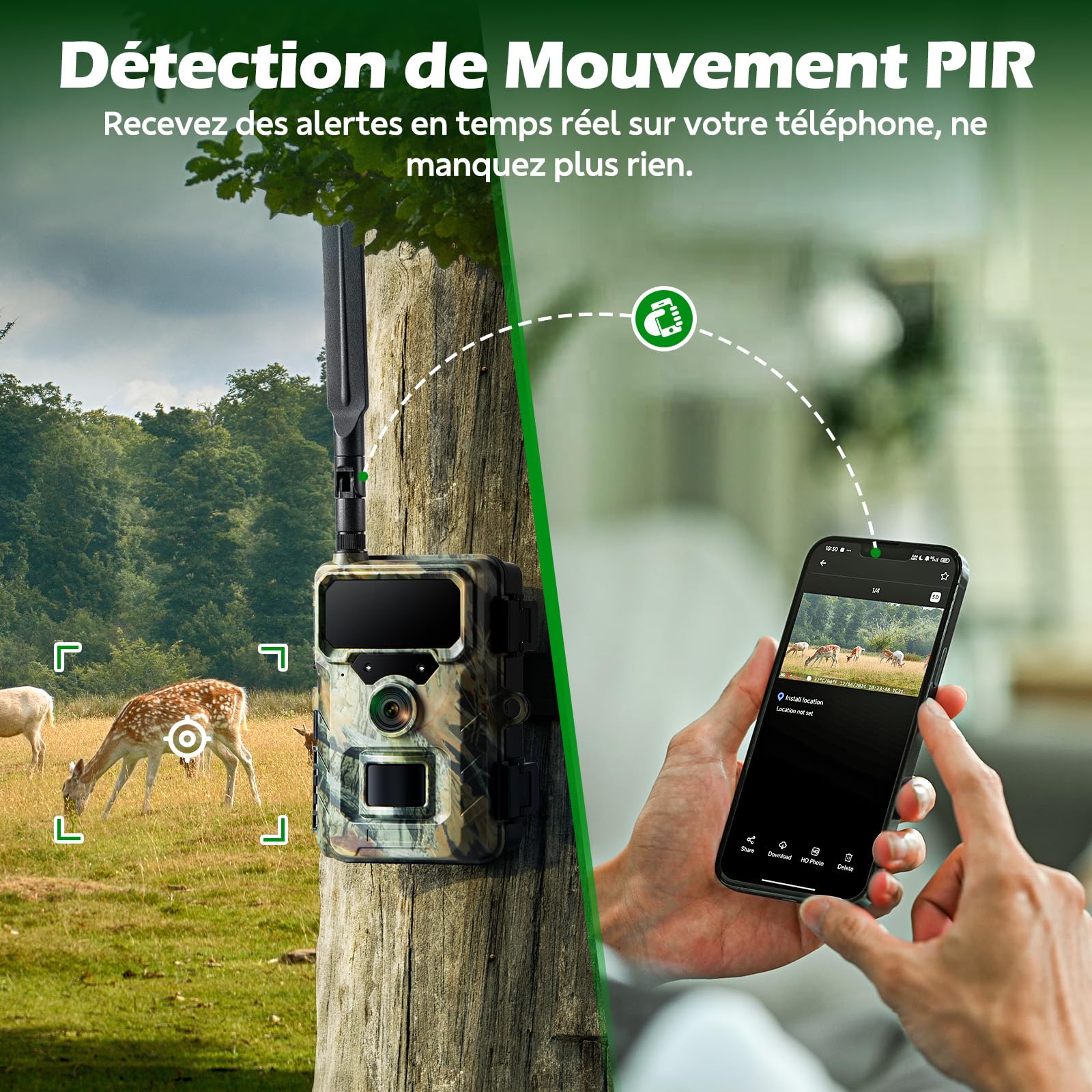 Caméra de Chasse 4G connectée, Carte SIM, Application, 32 MP, 1080P, IP66 | Vision nocturne infrarouge, détection PIR, 2 LED 850 nm, accès via application – forêt, terrain, chasse et faune sauvage