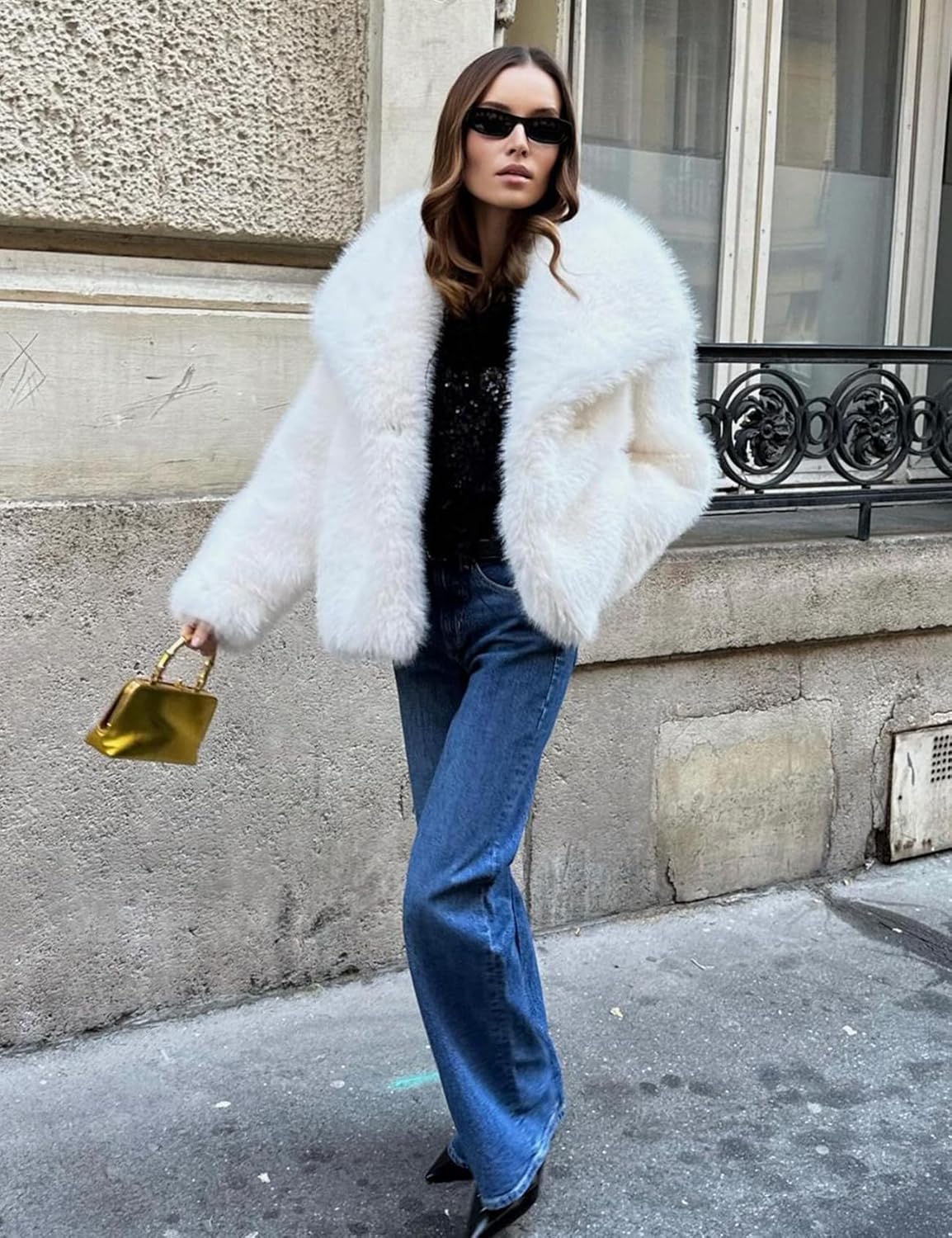 Wyeysyt Womens Faux Fur Coat Cropped Fluffy Shaggy Jacket Lapel Winter Warm Furry Short Coat - Image 5