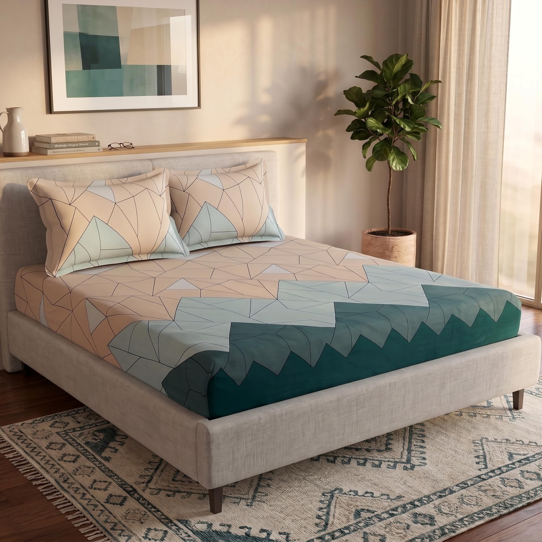 LOOMLYFE 300 TC Cotton Double Bedsheet with 2 Pillow Covers | 90x100 Inches King Size Bed Sheet | Soft, Breathable & Fade Resistant Bedding Set - BeigeGreenTriangle