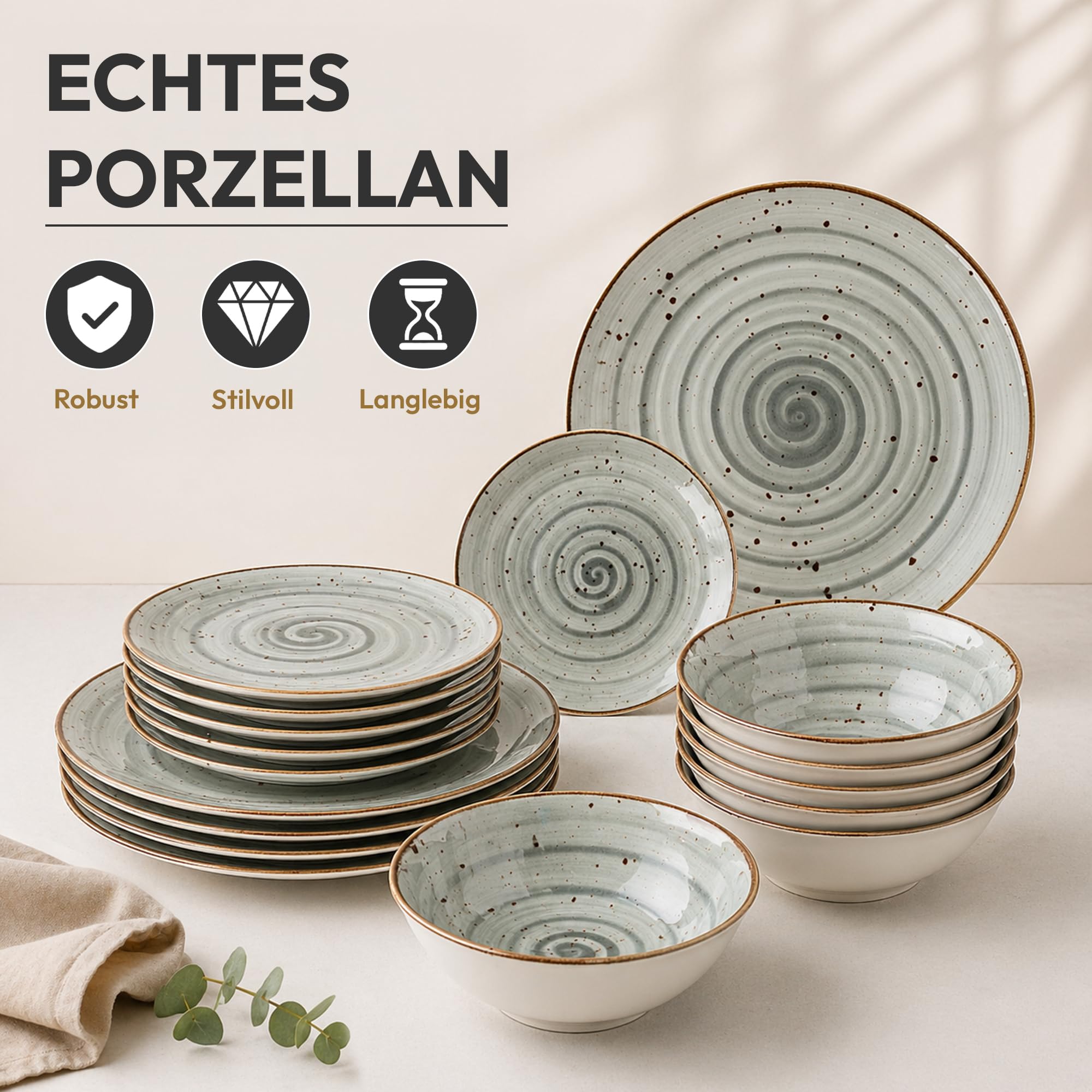 Geschirrset 24-teilig aus Porzellan für 6 Personen | Tiefe Suppenteller, Flache Essteller, Dessertteller und Schüsseln | Hochwertiges modernes buntes Vintage Tafelservice Kombiservice | Grau