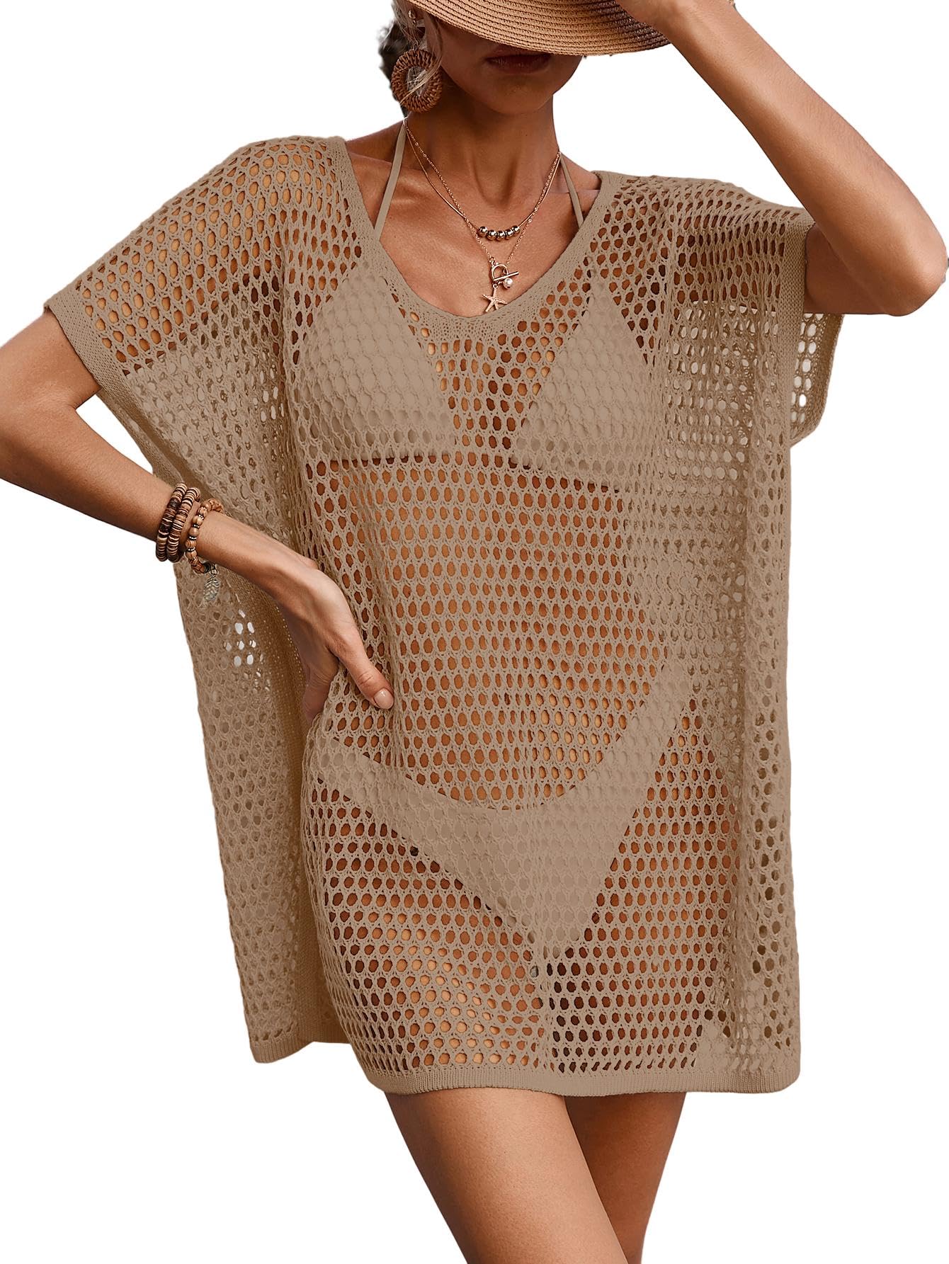 Womens Crochet Swimsuit Beach Cover Up 2026 Oversized Mesh Knit Cap Sleeve Bathing Suit Swim Coverups Mini Dress