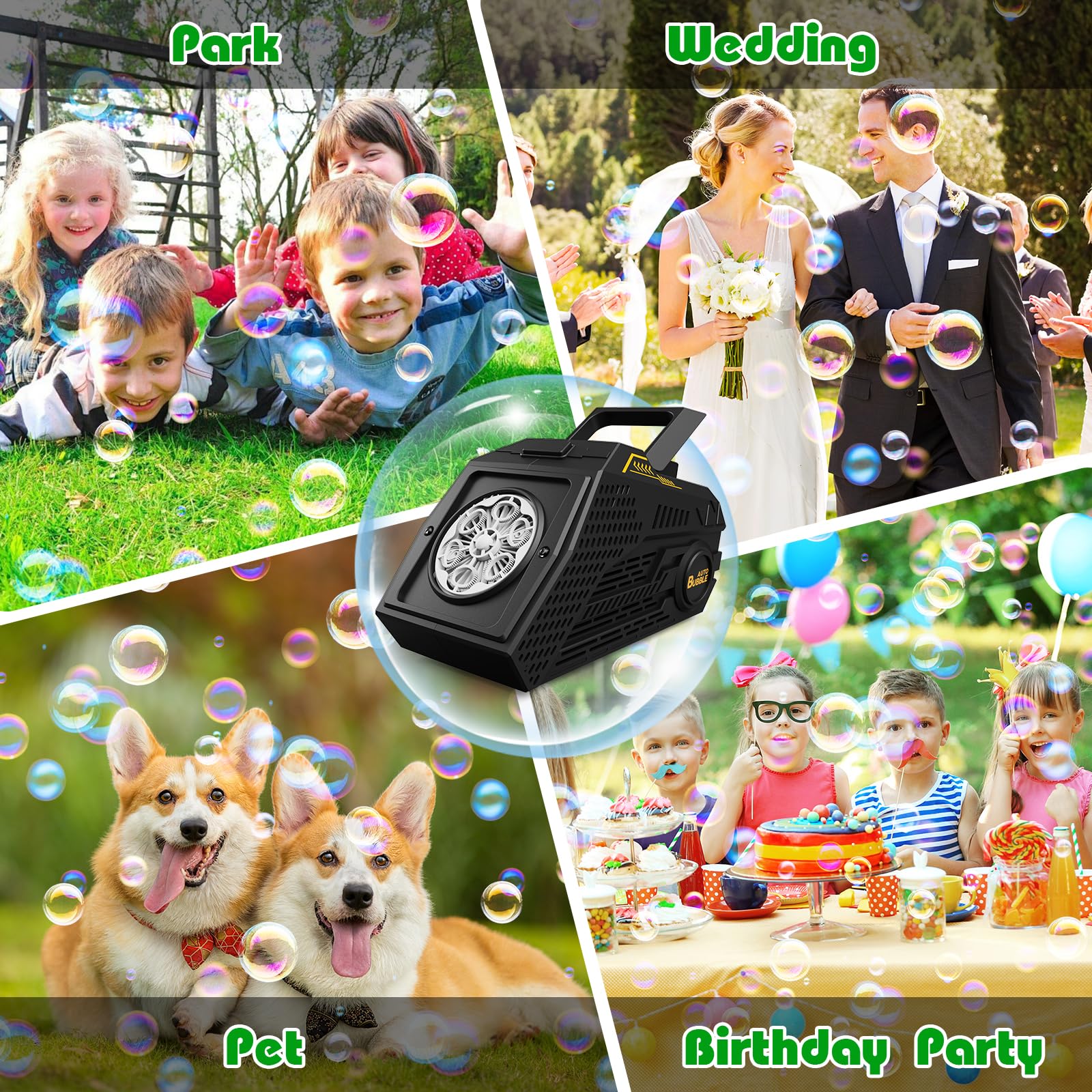 PANACARE Seifenblasenmaschine, Automatische Seifenblasenmaschine 10000+Blasen/Min mit Wiederaufladbare Akku|2*Seifenblasenlösung|Bunte Lichter, Tragbar Bubble Machine für Geburtstag, Party, Hochzeit