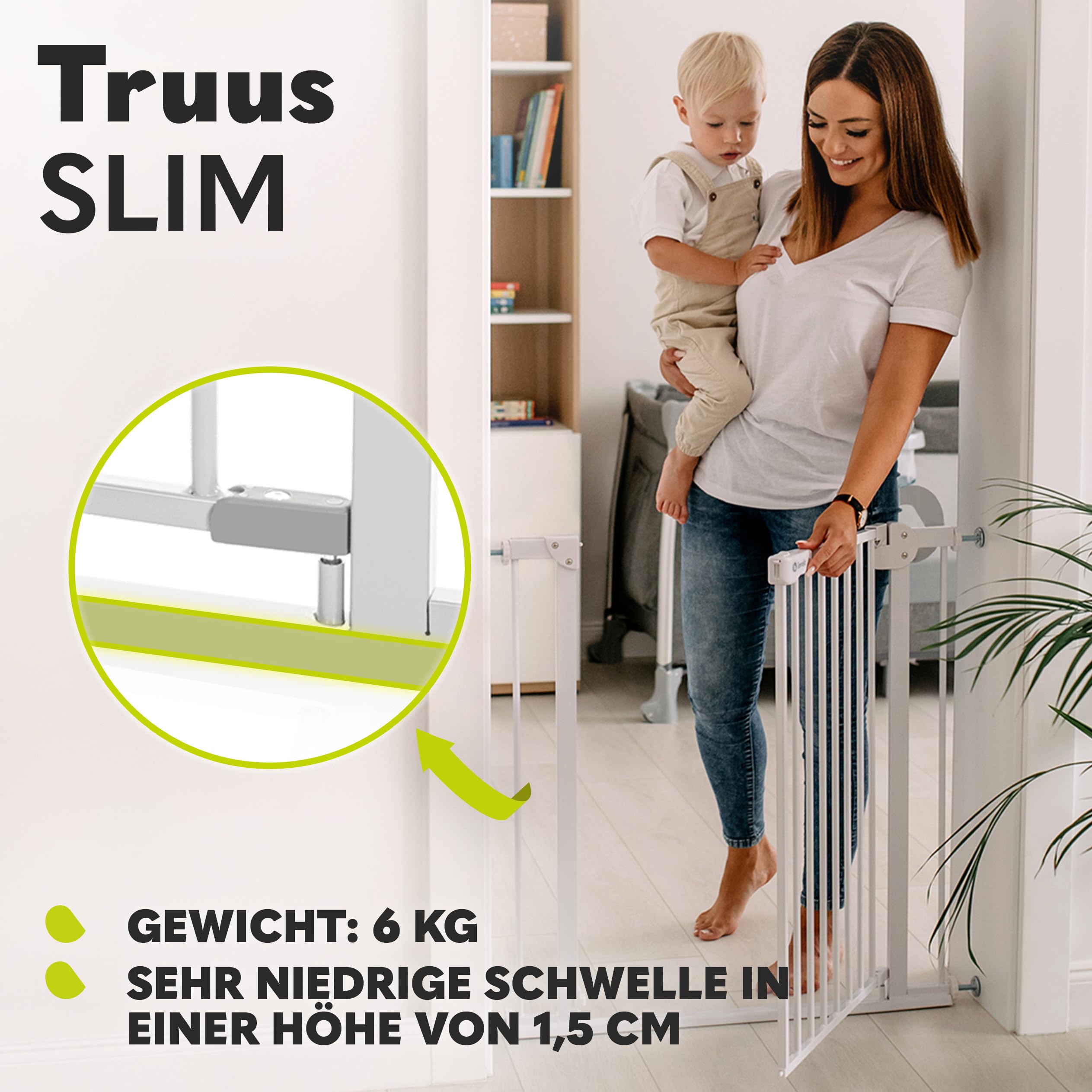 Lionelo Truus Slim Treppenschutzgitter ohne Bohren 75–105 cm | Baby Türschutzgitter mit Erweiterung, Auto Close, Doppelte Sicherung, Beidseitig Öffnend, Niedrige Schwelle
