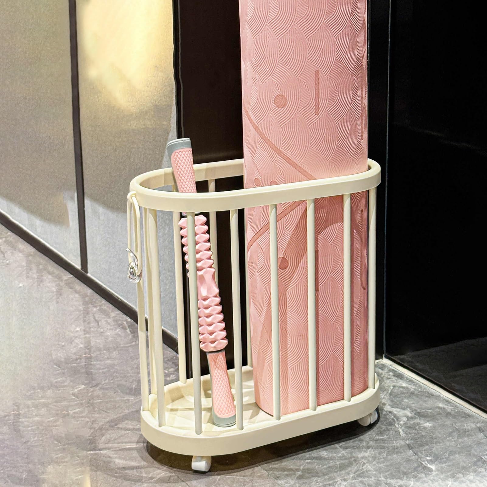 Vibeo Yoga Mat Holder Floor Standing Yoga Mat Basket with Wheels, Large Capacity Yoga Mat Storage Bin/Dumbbell Organizer, Home Gym Exercise Equipment