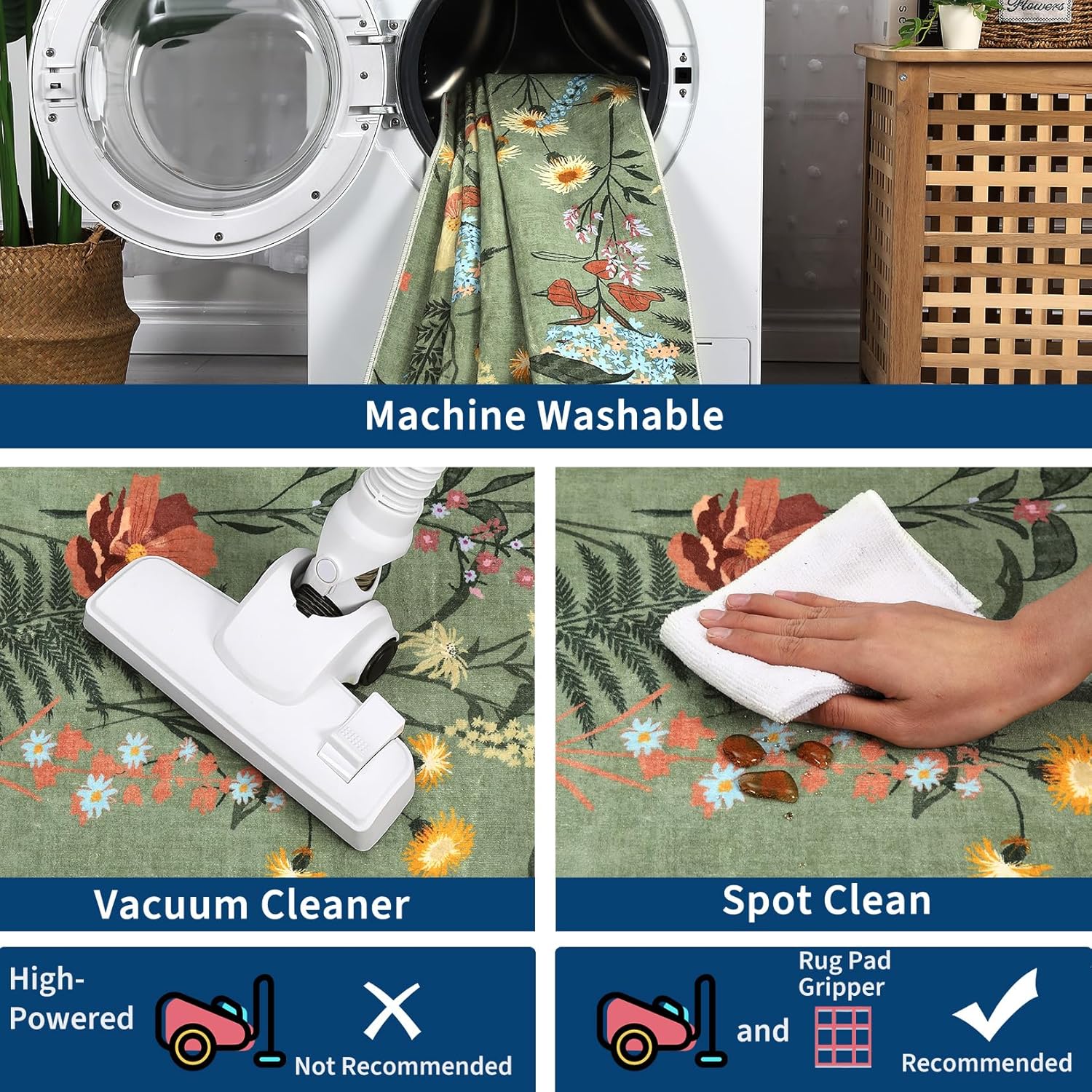 Garvee Modern Floral Washable Rugs 5x7 Area Rugs for Living Room,Rugs for Bedroom, Ultra Soft Low Pile Nature Accent Carpet, Non Slip & Non-Shedding Botanical Print Floor Mats for Home Decor, Green