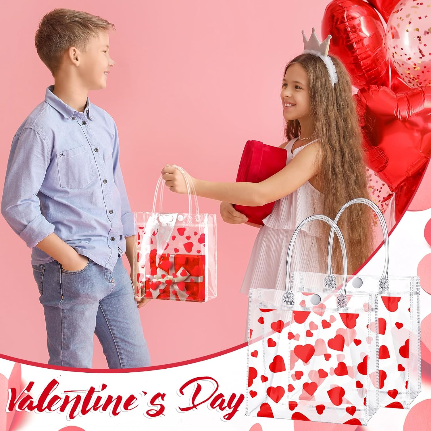 Yeaqee 36 Pcs Valentine's Day Love Heart Printed Clear Gift Bags with Handles Bulk Plastic Treat Candy Pouch Reusable Valentine's Party Handbag PVC Heart Tote Bags for Birthday Baby Shower Party Favor - Image 4
