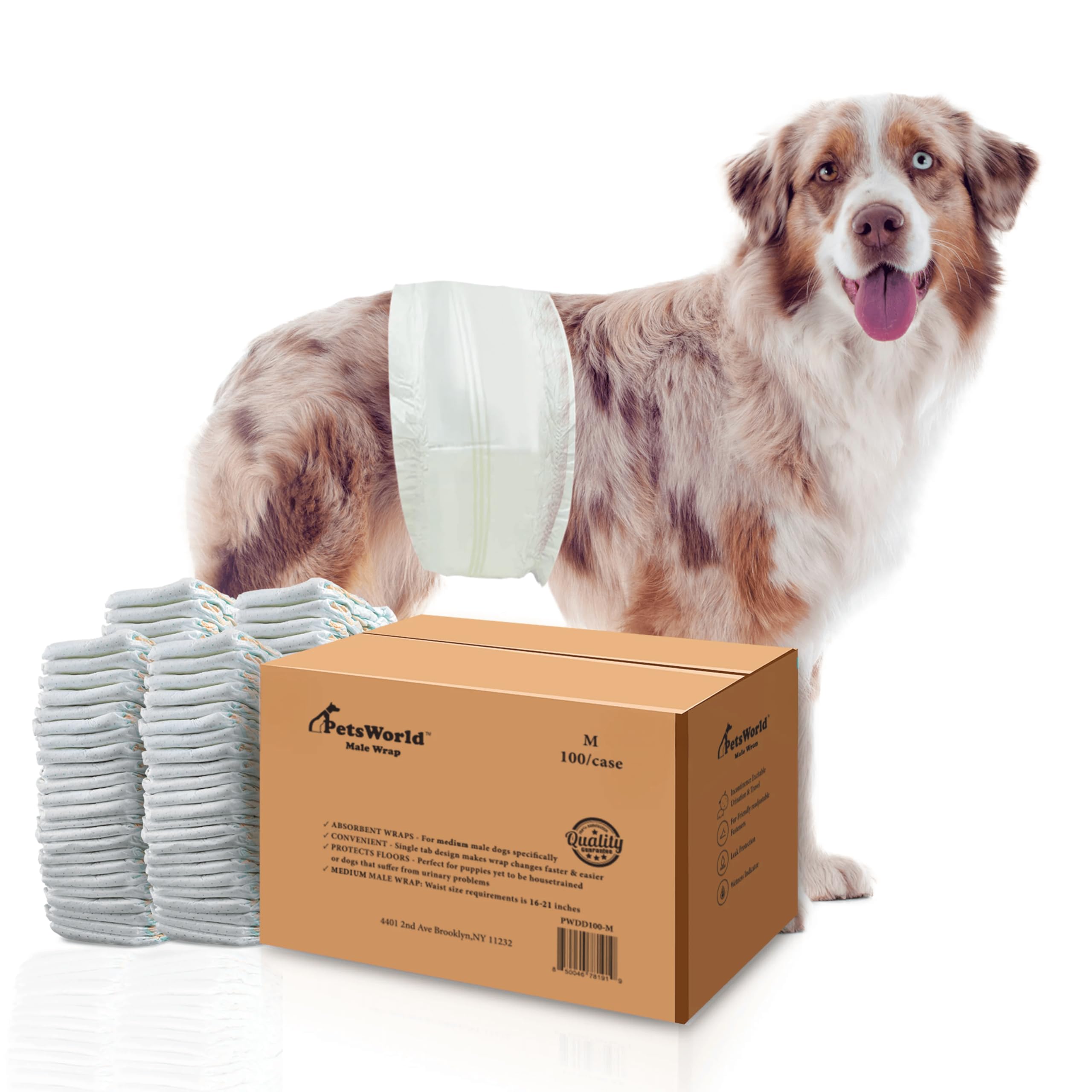 PetsWorld Pañales desechables para perros machos, tamaño mediano, 100 unidades, superabsorbentes, amigables con el pelo, con indicador de humedad, envolturas ajustables para perros para incontinencia