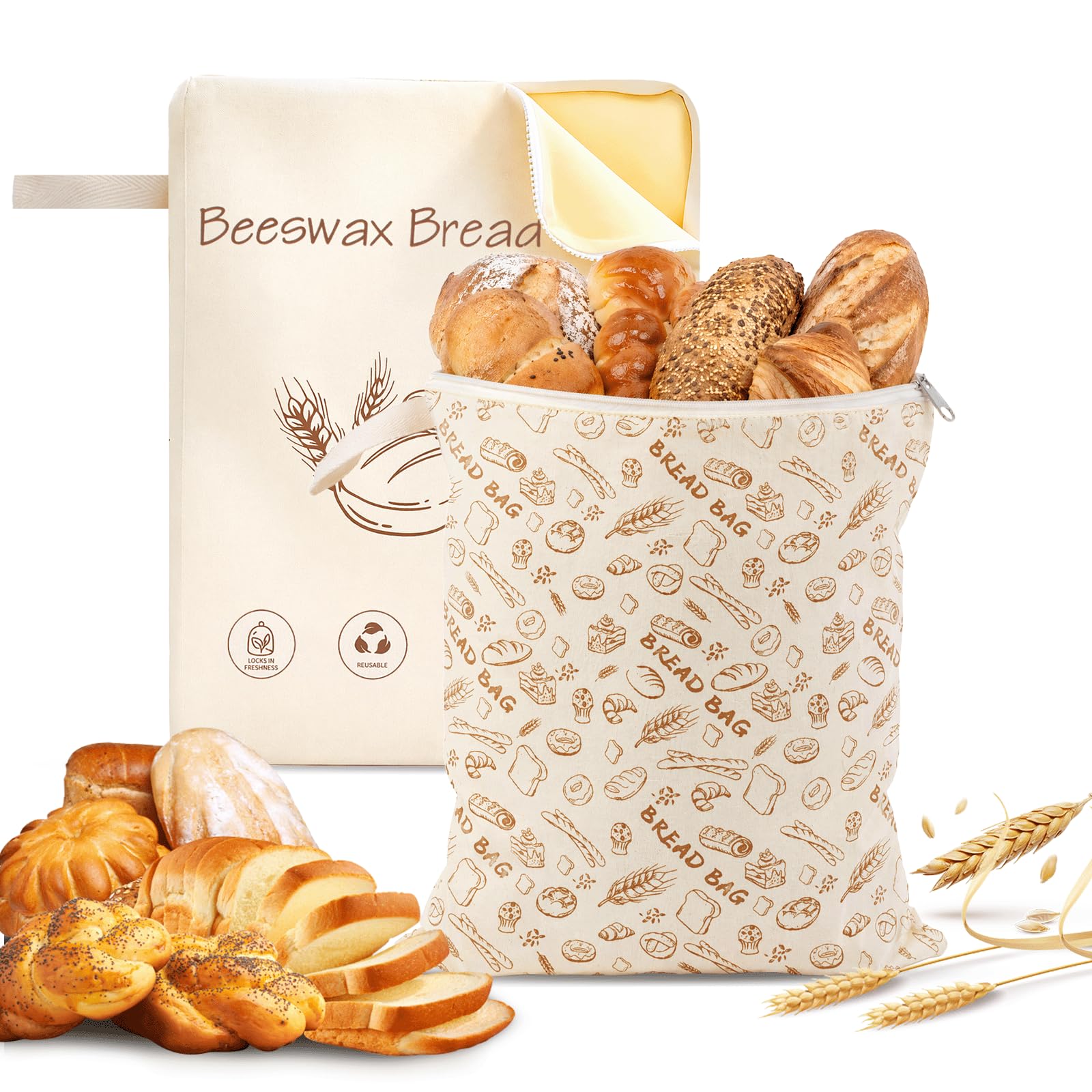 2PCS Reusable Beeswax Bread Bags for Homemade Bread, Large Capacity Bread Storage Bag with Zipper, Sourdough Bread Bag for Freezer and Refrigerator