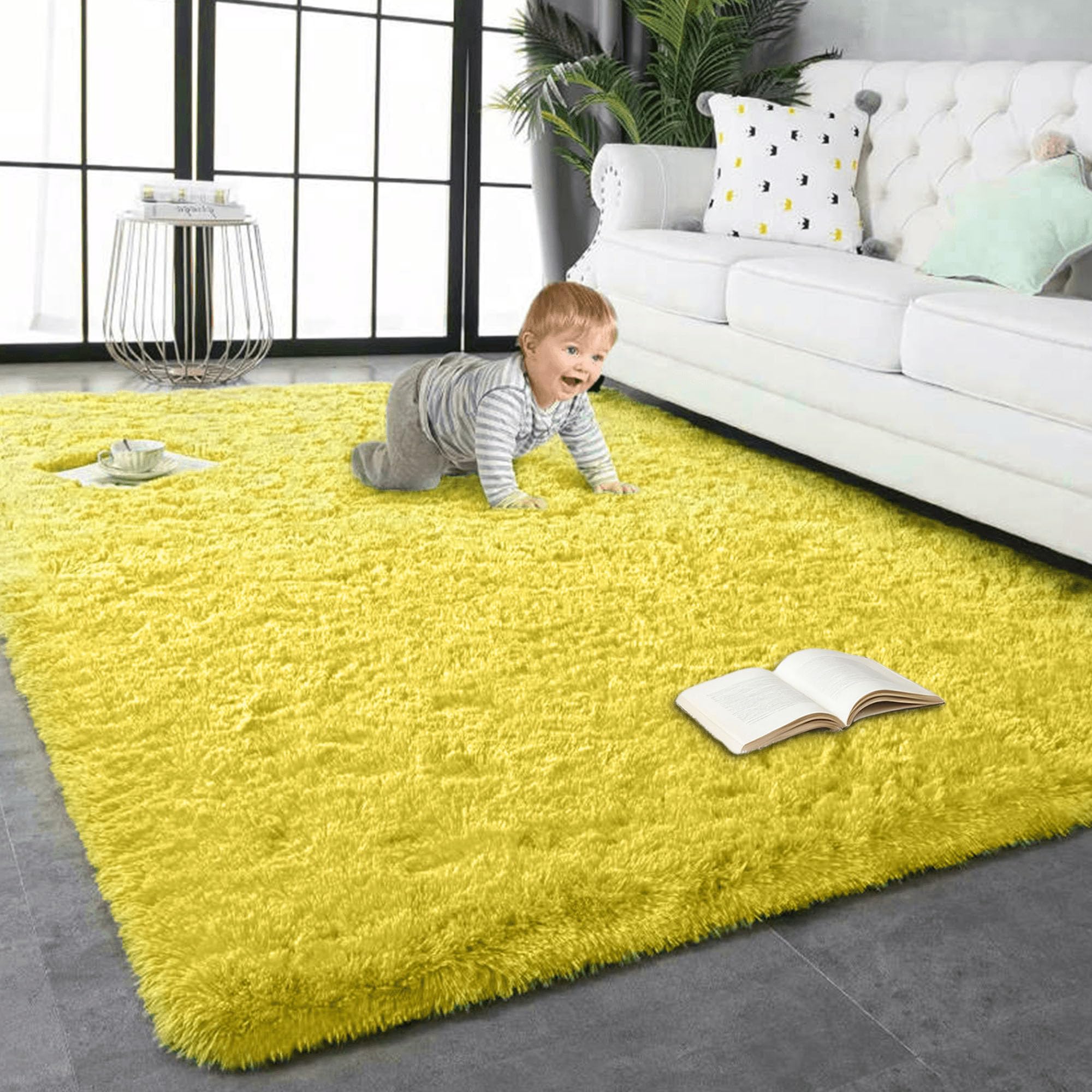 Tapis antidérapant et épais jaune 170 x 250 cm évite les glissades salon