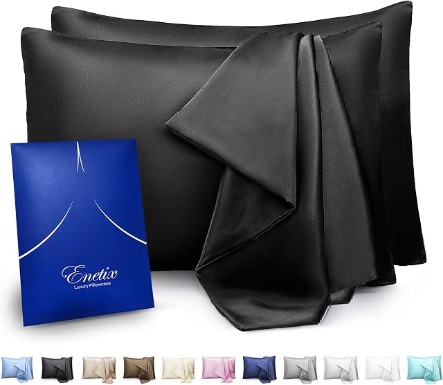 Enetix Silk Satin Pillowcase for Hair and Skin, 2-Pack with Gift Package, Acne Free Hidden Zipper Pillow Cover (Standard (50 x 75cm), Black)