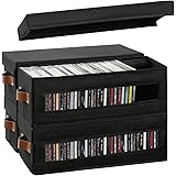 4 Packs CD Storage Box with Visible Window, Stackable CD Case Holder with Dustproof Lid and Handles, Holds Up to 148 CDs in Full Jewel Cases-15.75 x 6.10 x 5.31 Inches-Black