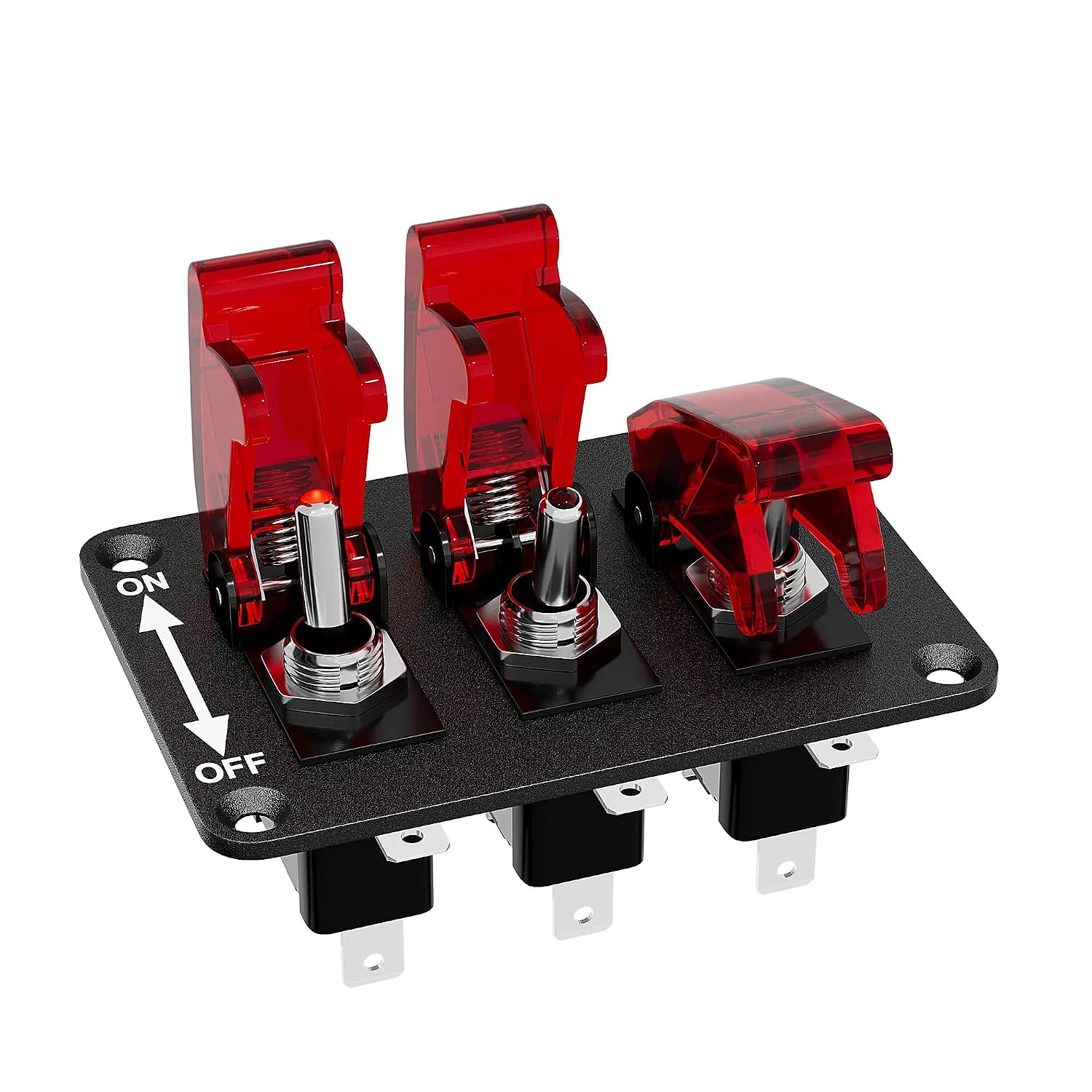 MGI SpeedWare 3-Gang Toggle Switch Panel with LED & Safety Flip Covers – Heavy-Duty SPST Rocker Switch Plate for 12V Car, Truck, Boat, RV & UTV (Red)