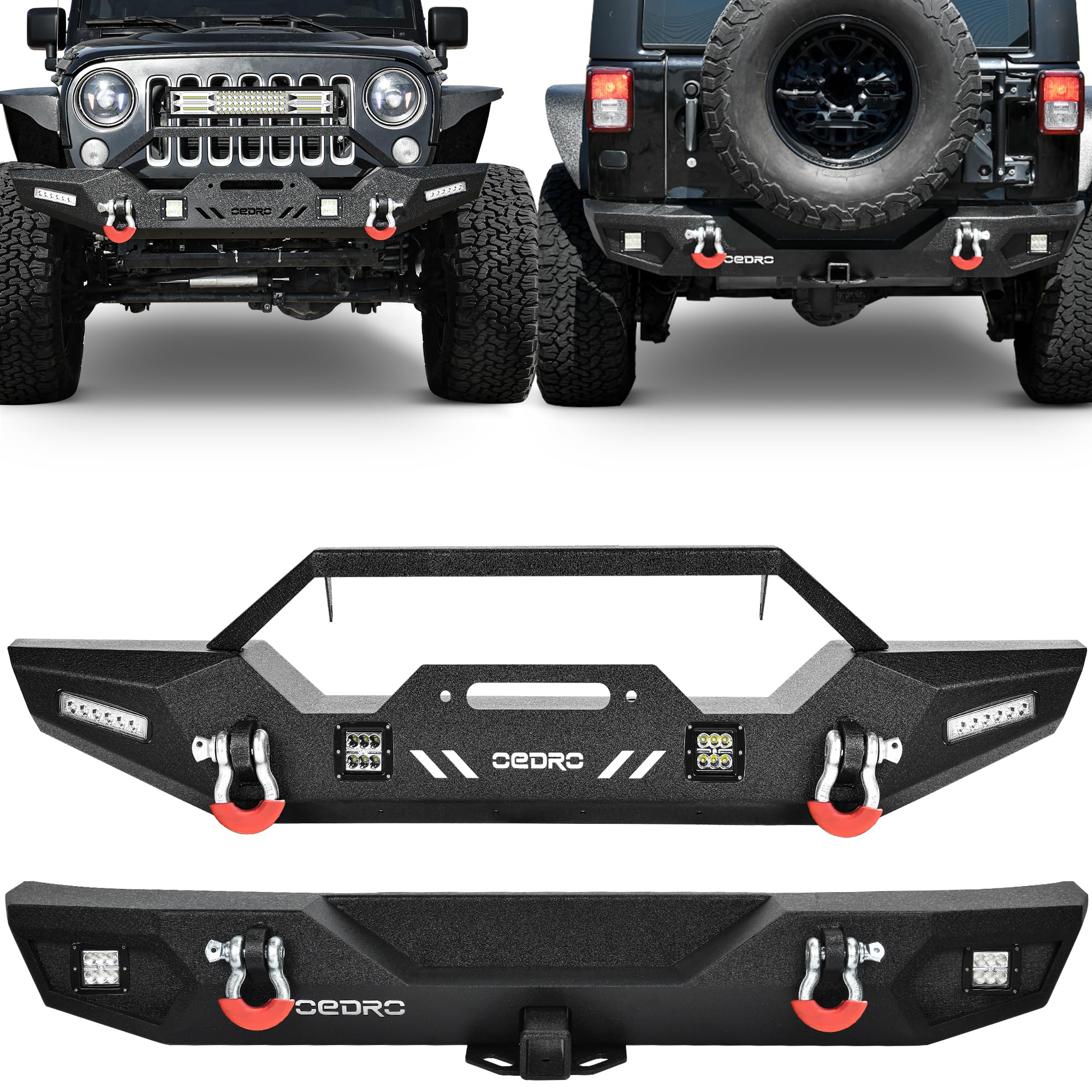 OEDRO Front & Rear Bumper Compatible for 2007-2018 Jeep Wrangler JK & Unlimited, Rock Crawler Bumper w/Winch Plate Mounting & LED Lights & Hitch Receiver
