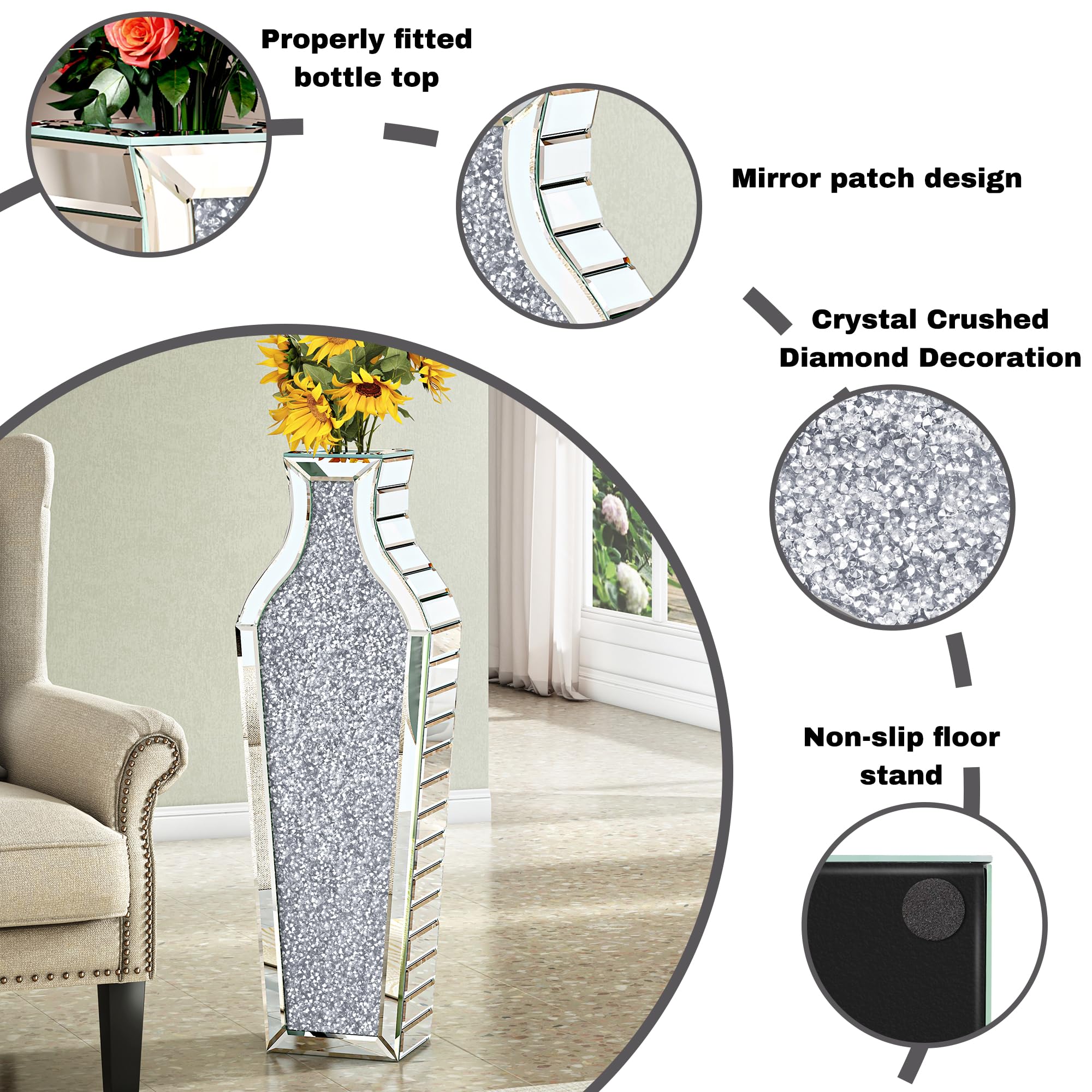 Jarrón grande de cristal de diamante triturado de 27 pulgadas de alto para decoración de sala de estar, jarrones grandes de vidrio