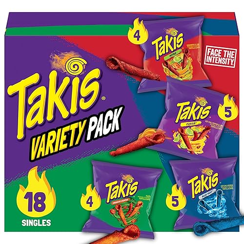 Takis 18 pc / 1 oz Variety Pack, Assorted Flavored Mixed Rolled Tortilla Chips – (5) Fuego 1 oz, (5) Blue Heat 1 oz, (4) Nitro 1 oz, (4) Crunchy Fajitas 1 oz - Fuego, Blue Heat, Nitro and Crunchy Fajitas