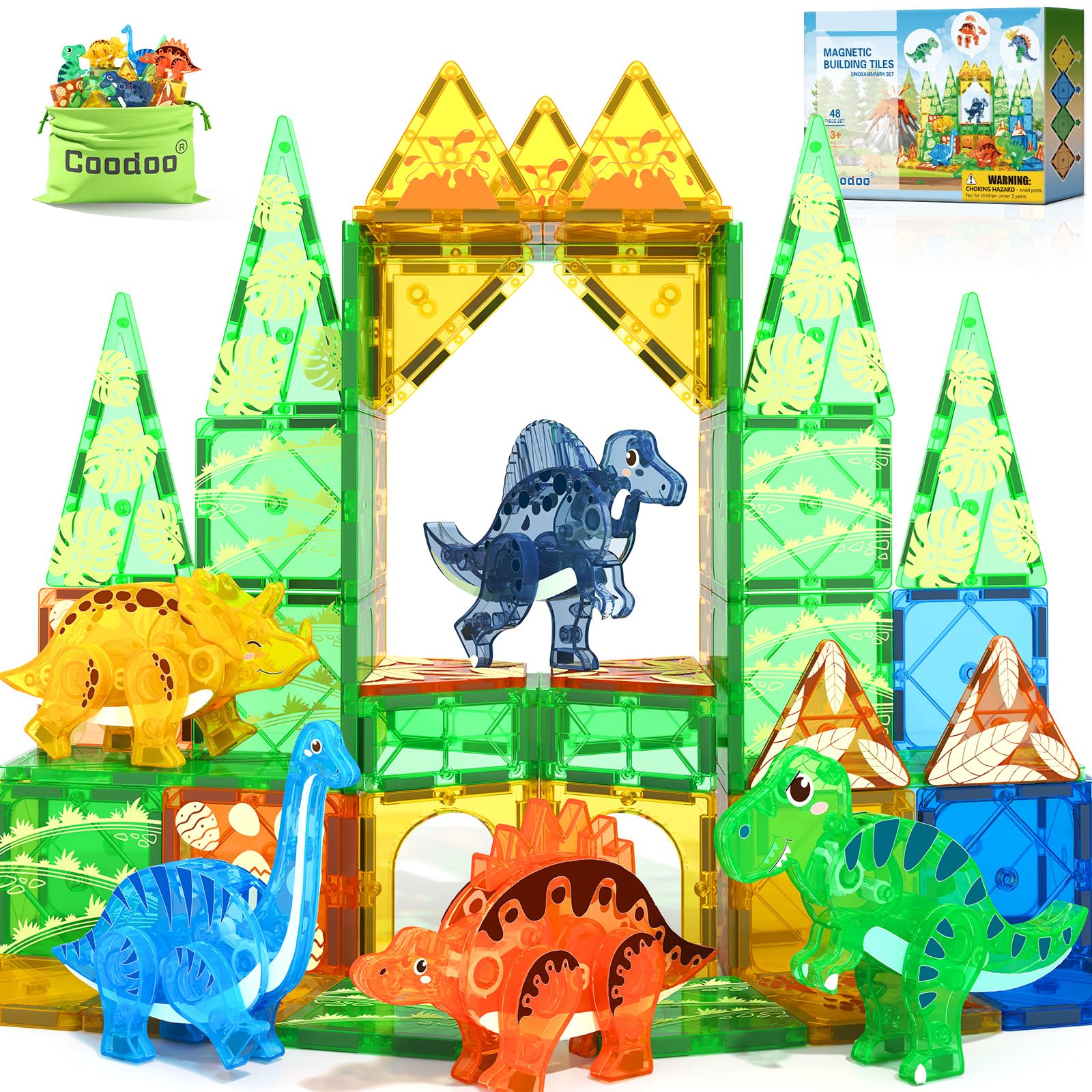 Dinosaur Toys Magnetic Tiles 3D Movable Dinos for Kids 3-5 5-7 Toddler Toy | Outdoor Sensory Toys with 5 Popular Dynamic Dinosaurs, STEM Educational Magnetic Blocks for 3+ Years Old Girls Kids Boys Toys