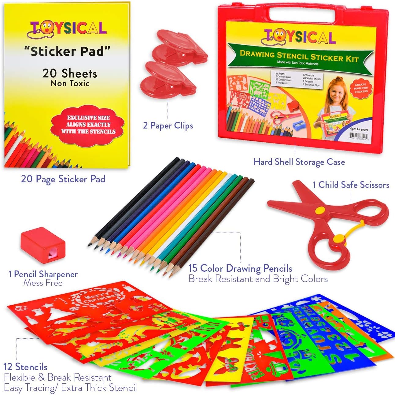 Drawing Kit for Kids with Sticker Sheets, Arts and Crafts for Kids 4+ Years, Drawing Stencils Set for Kids with Clips, Stickers, Coloring Pencils in Travel Case, Full Kids Drawing Kit with Stencil Set