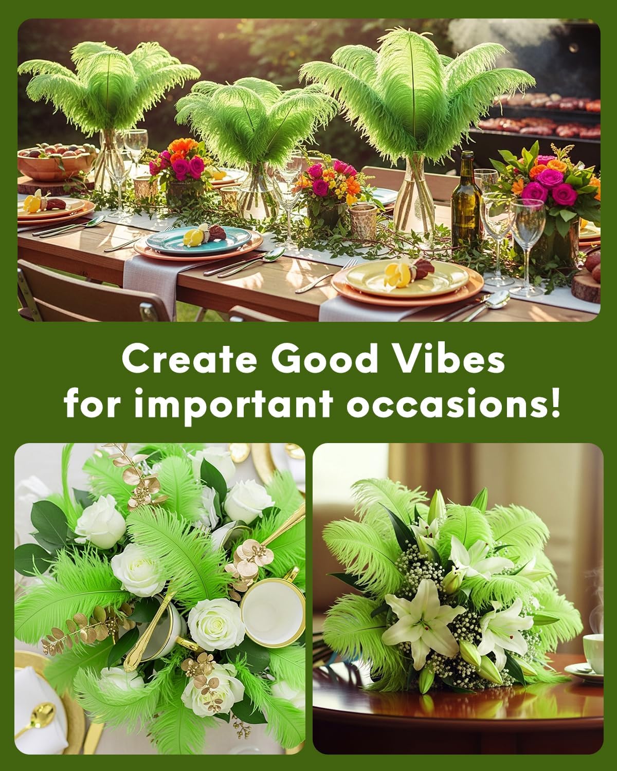 30pcs Fruit Green Ostrich Feathers Natural Bulk 11-14inch(28-35cm) Vase Craft Wedding Home Party Centerpieces Christmas Day Decoration