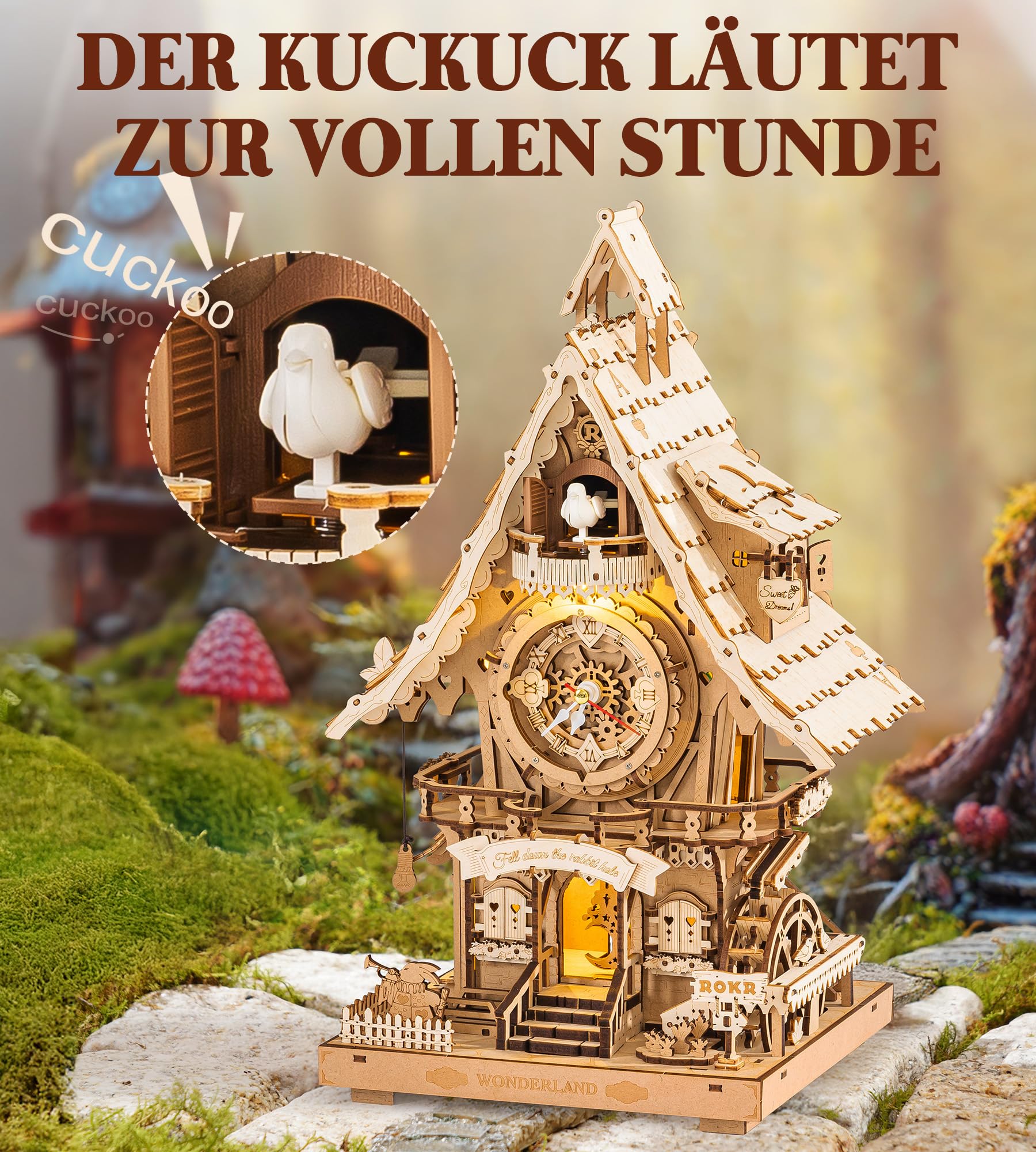 ROKR Kuckucksuhr 3D Holzpuzzle Erwachsene Holzuhr Modellbausätze Geschenk für Männer Frauen Holzfarbe LC901