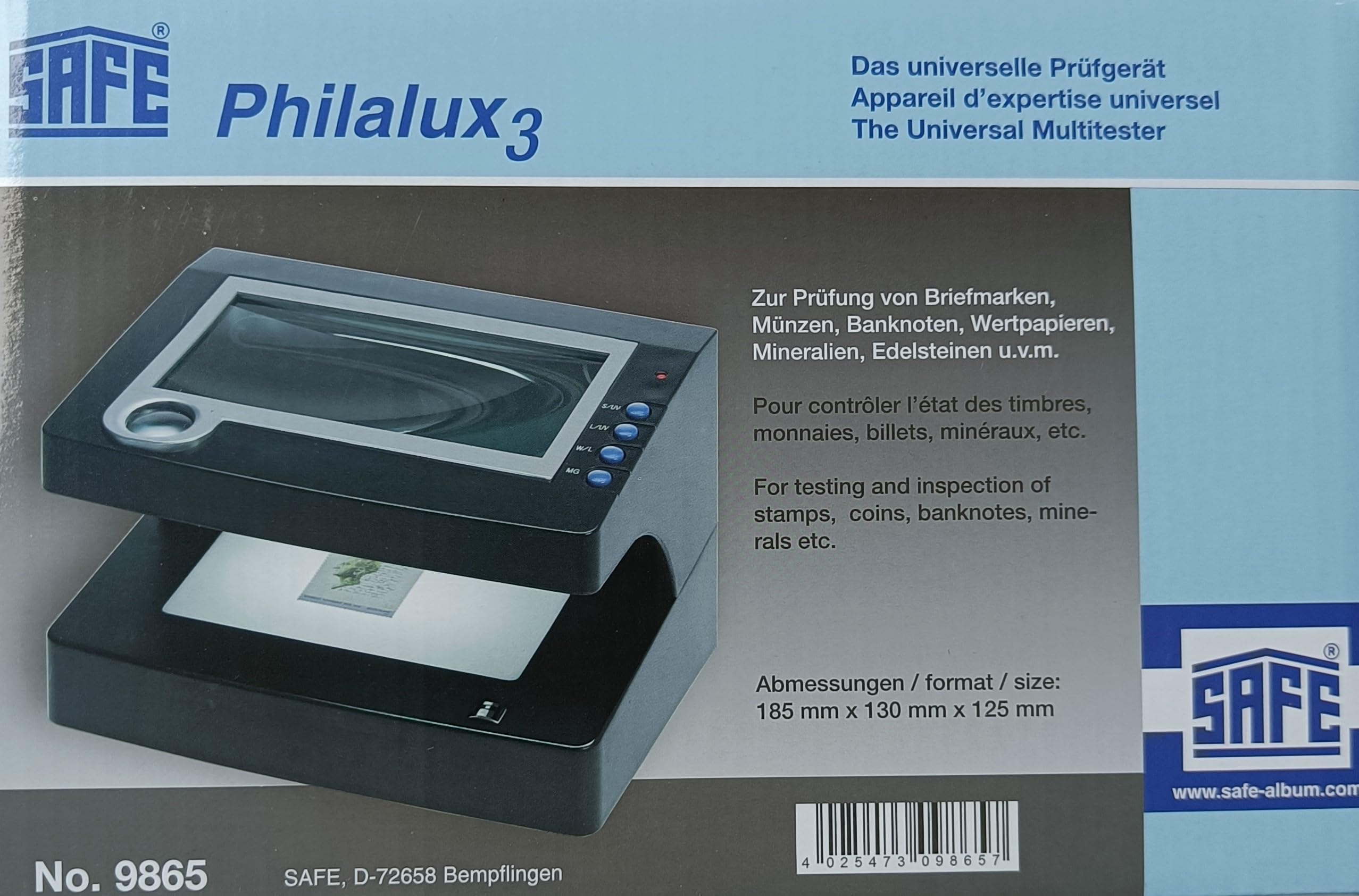 UV Prüfgerät für Banknoten, Briefmarken & Münzen | 2,5x & 12x Lupe | UVC & UV Licht | Durchlicht | SAFE 9865 Prüfgerät Philalux 3 mit Graphit-Detektor