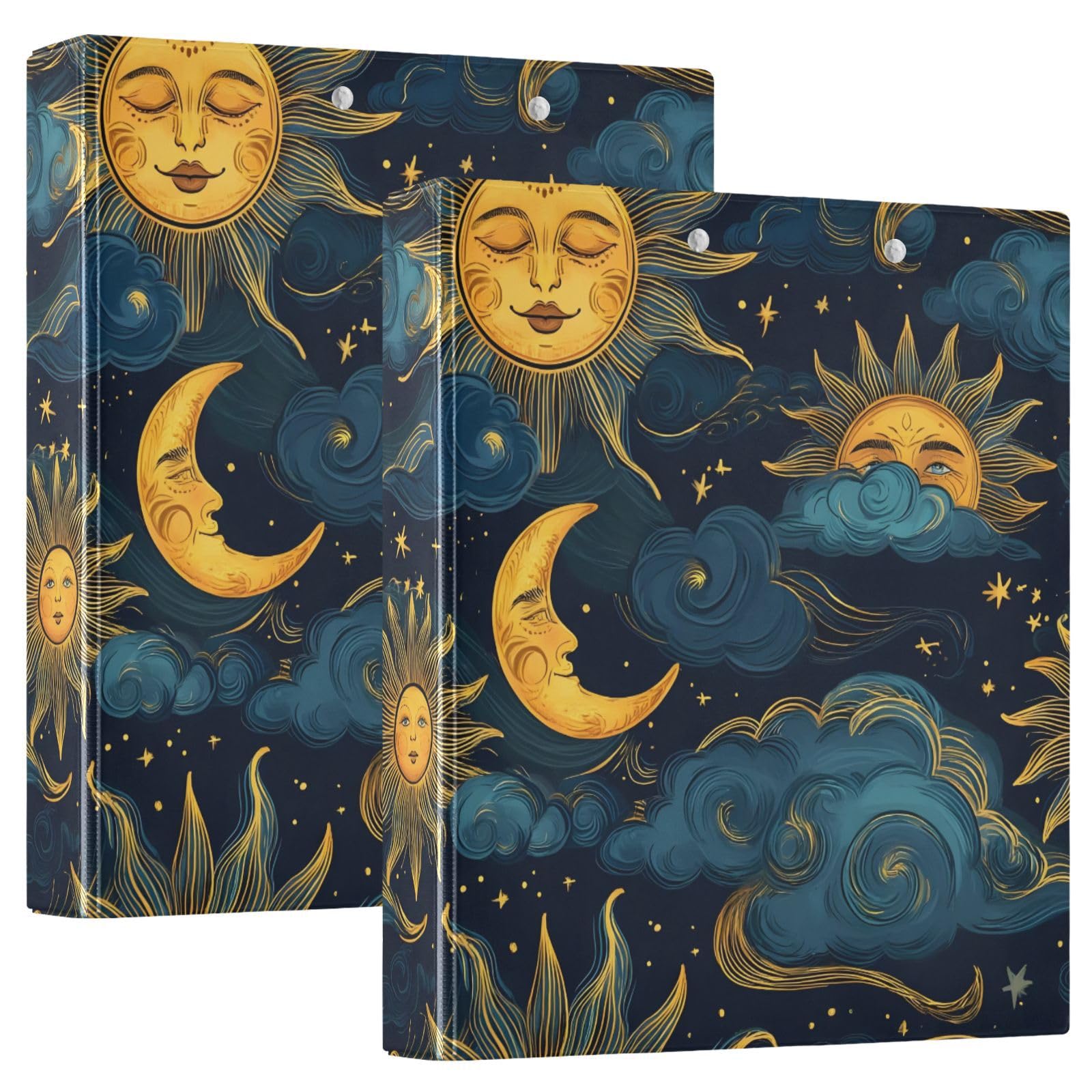 Moon Sun Galaxy Astrology 3 Ring Binder with 2 Interior Pockets 1.5 inch Binders 3 Ring Heavy Duty Fit 8.5" x 11" Letter Size for Office School, 2 Pack