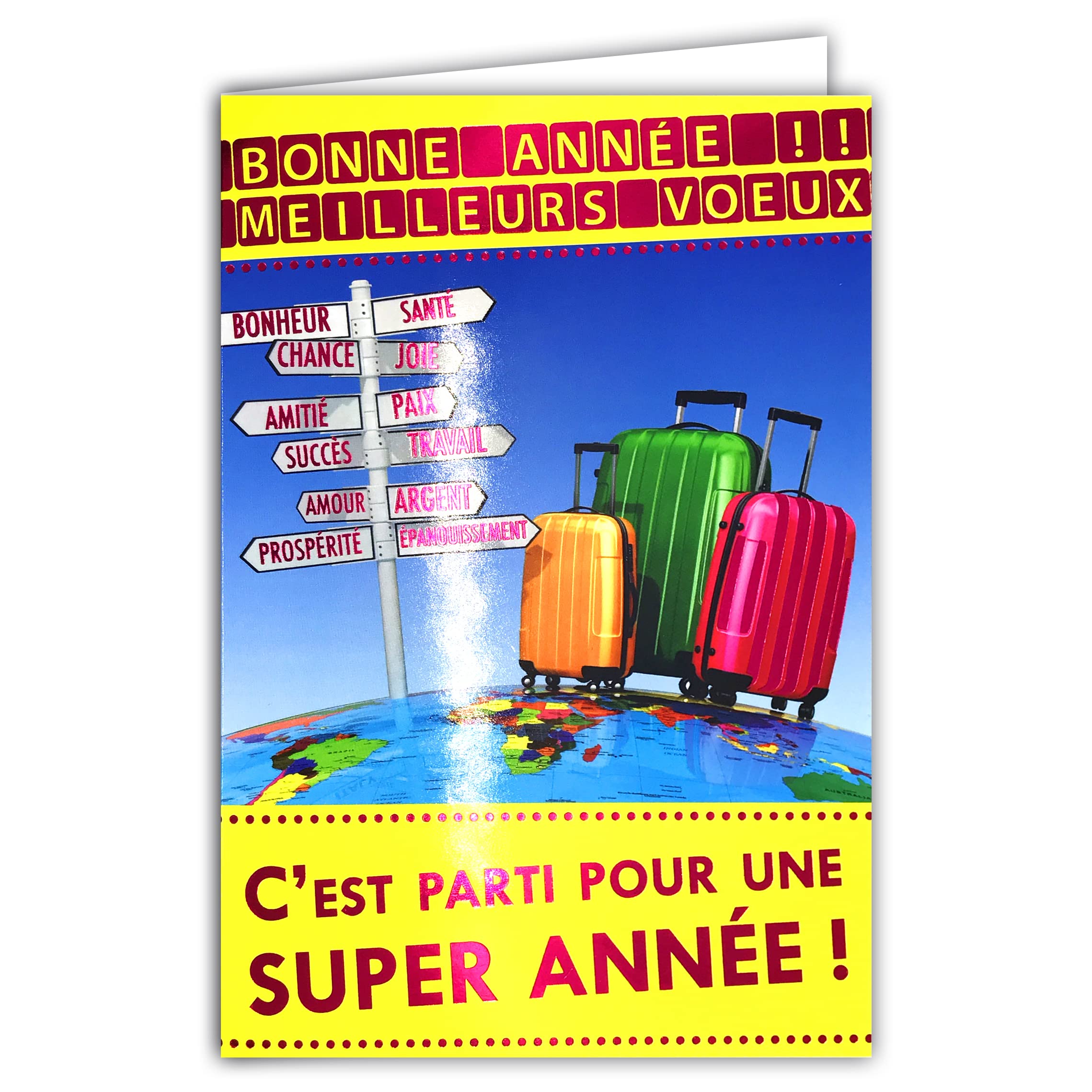 Happy New Year Card Best Wishes Bright Pink with Envelope Travel Directions Wishes Peace on Earth Happiness Happy Health Love Friendship Luck Success Success Prosperity Bloom 61-4050-A BA
