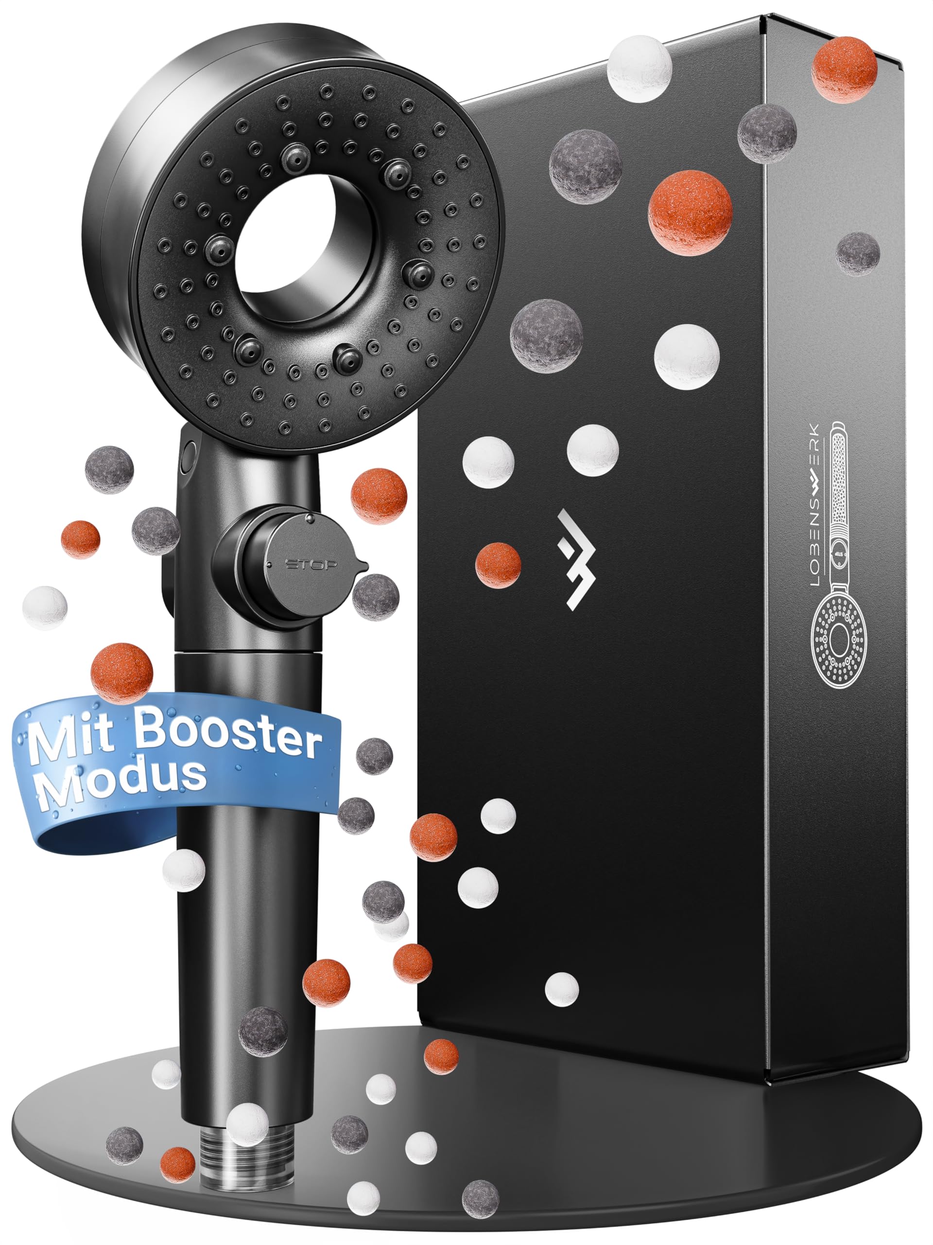 LOBENSWERK Duschkopf mit Filter [3 Modi - inkl. Booster] Duschkopf wassersparend mit Mineralperlen | Handbrause, shower head, Duschbrause in Schwarz inkl. Werkzeug, Ersatzperlen & Edelstahlplatte