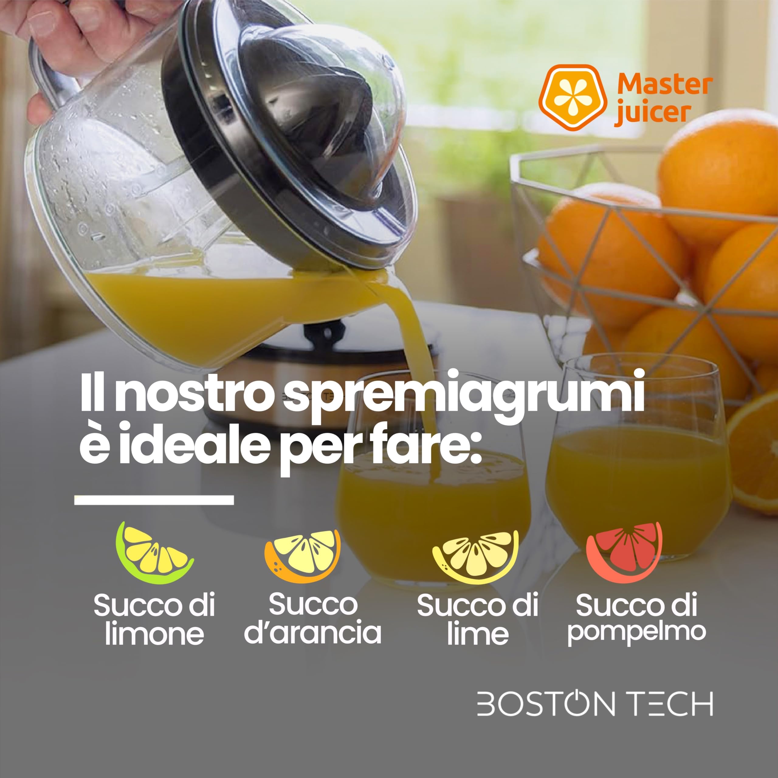 MasterJuicer: Spremiagrumi Elettrico | 700 ml, Rotazione Bidirezionale, 40W | 2 Coni, BPA Free, Antigoccia e Adatto per Lavastoviglie | Marca Europea Eco-Friendly
