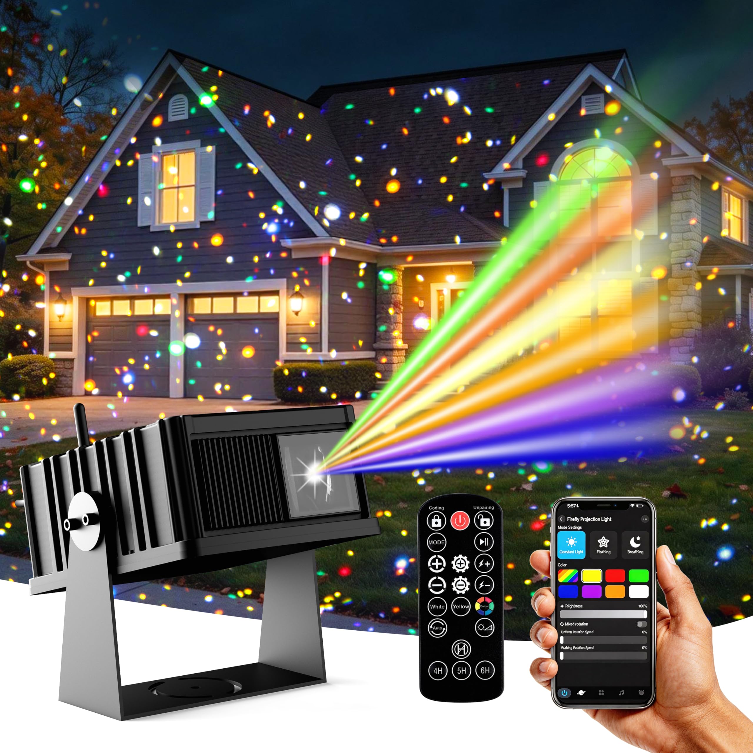 Smart Outdoor Laser Lights Projector, 7 Color Motion Star Firefly Lights Effect, Moving Dynamic RGB Lights Show Waterproof Laser Projection with App &amp; Remote Control for Parties Home Garden Yard