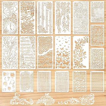 19Pcs Stencils for Crafts, Reusable Mixed Layering Pattern Stencils Musical Branches Floral Texture Background Templates for Painting on Wood Furniture Paper Scrapbook Wall