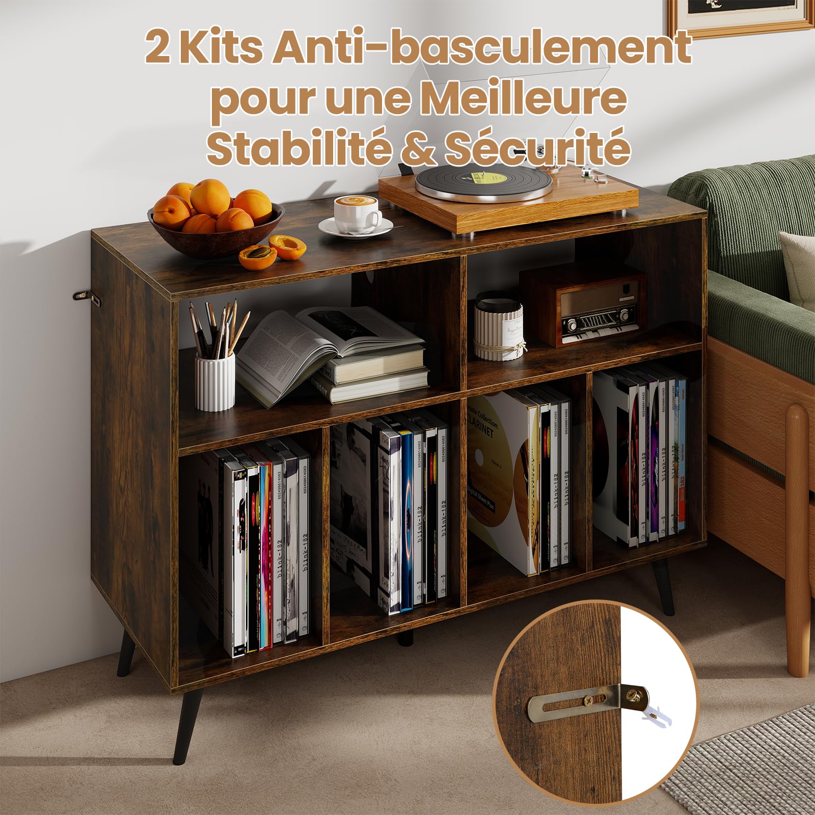 GOPLUS Meuble Vinyle à 3 Niveaux pour Disques Vinyles, 100 x 40 x 74,5 CM, Meuble Platine Vinyle avec 4 Compartiment, Support Tourne-disque, Station de Charge Prises USB & Type-C, pour Salon et Bureau