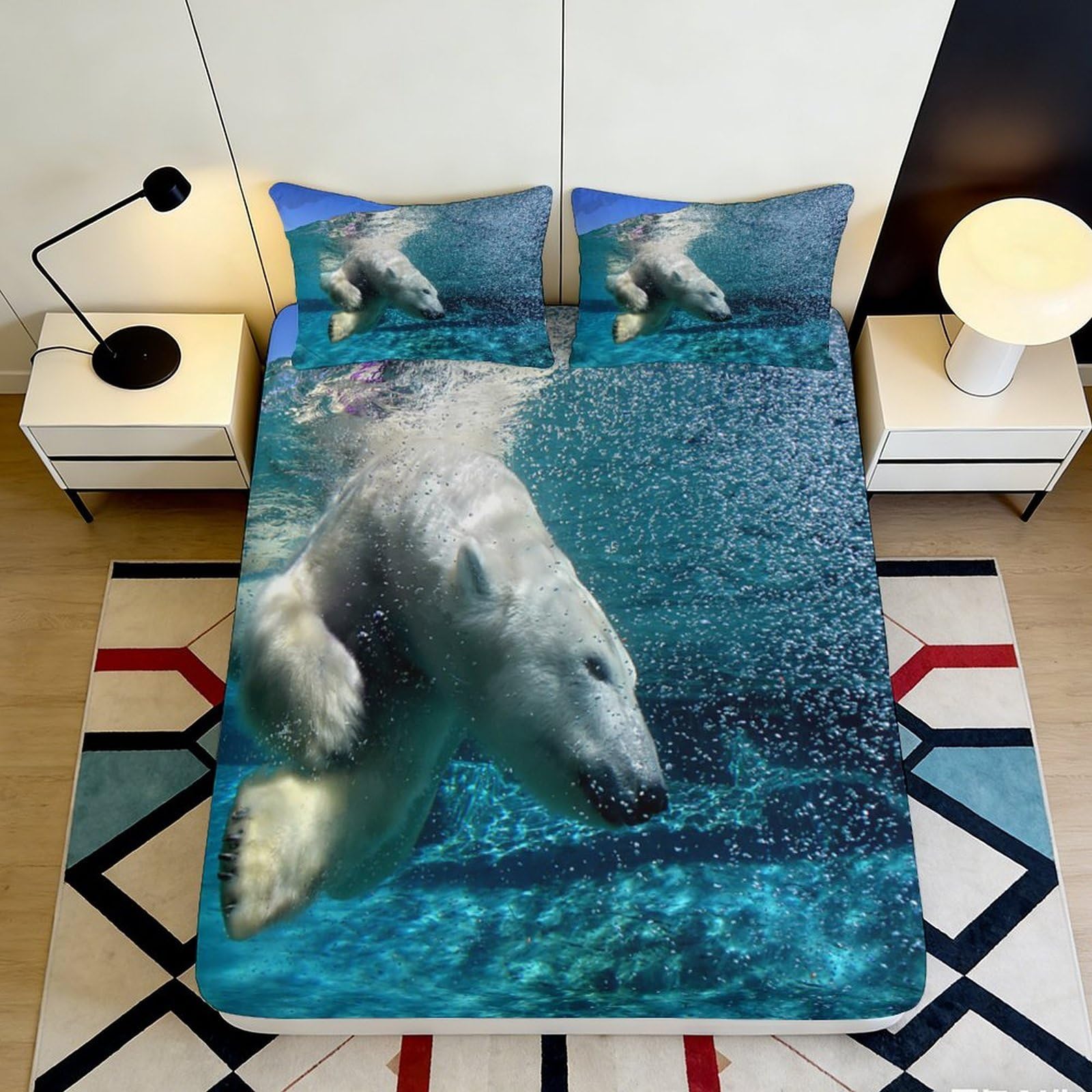 3D Printed Underwater Polar Bear Fitted Sheet Microfiber Soft Mattress Cover Anti-Slip Machine Washable for Bedroom Dorm Decor 115 160x200x25cm