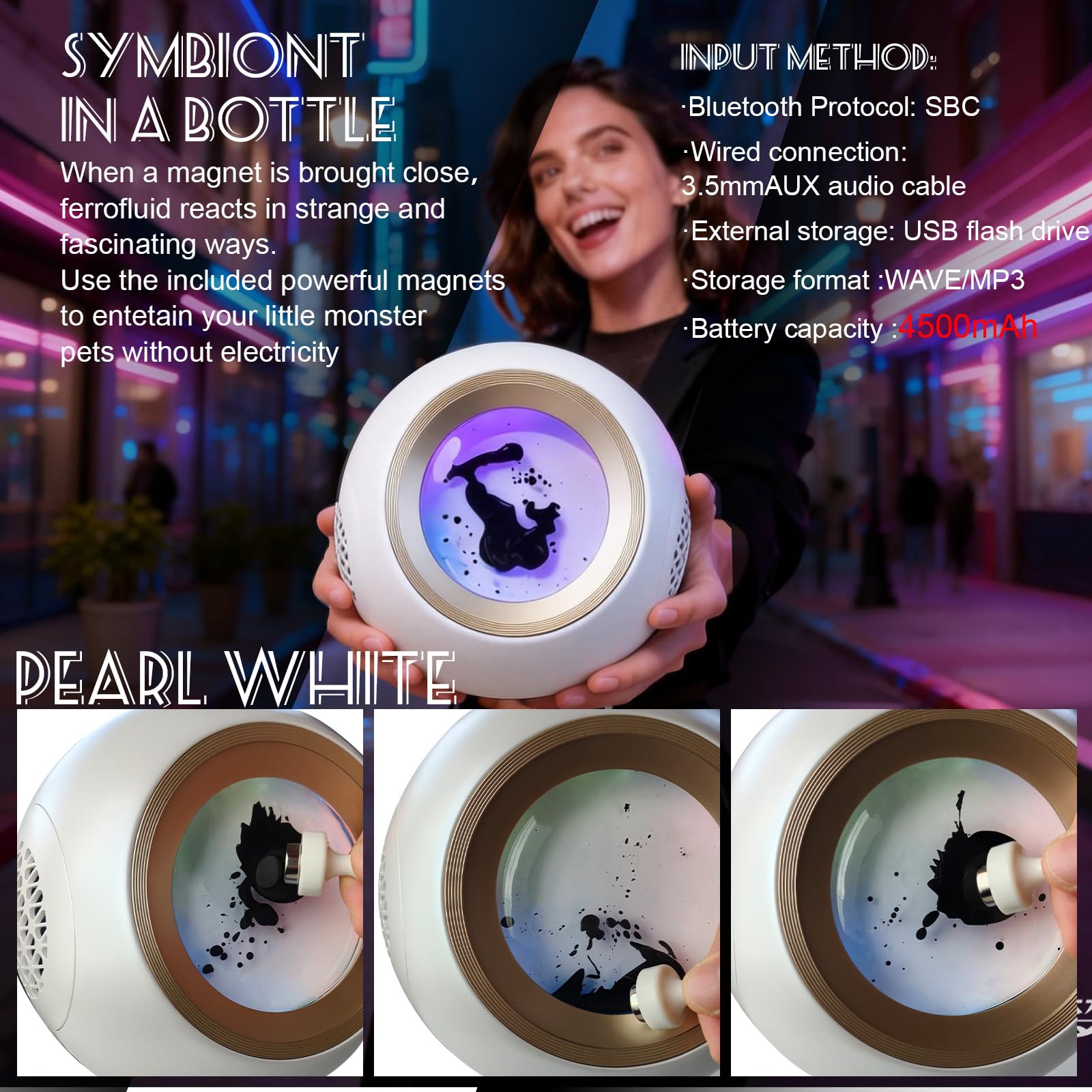 Ferrofluid Altoparlante Bluetooth,visualizzazione audio Ferrofluid Altoparlante Bluetooth con bassi migliorati e alti nitidi,doppio canale stereo,coppia TWS,vibrante luce colorata ambientale (Bianco)