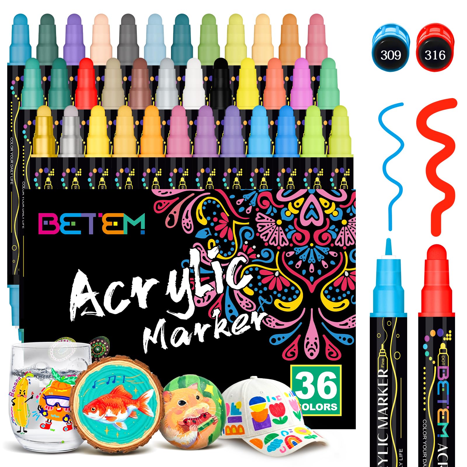 Betem 36 Colors Dual Tip Acrylic Paint Pens Markers, Premium Acrylic Paint Markers Stocking Stuffers for Rock, Wood, Fabric, Glass, Canvas, Ceramic, Christmas Gifts for Teens DIY Crafts Art Supplies